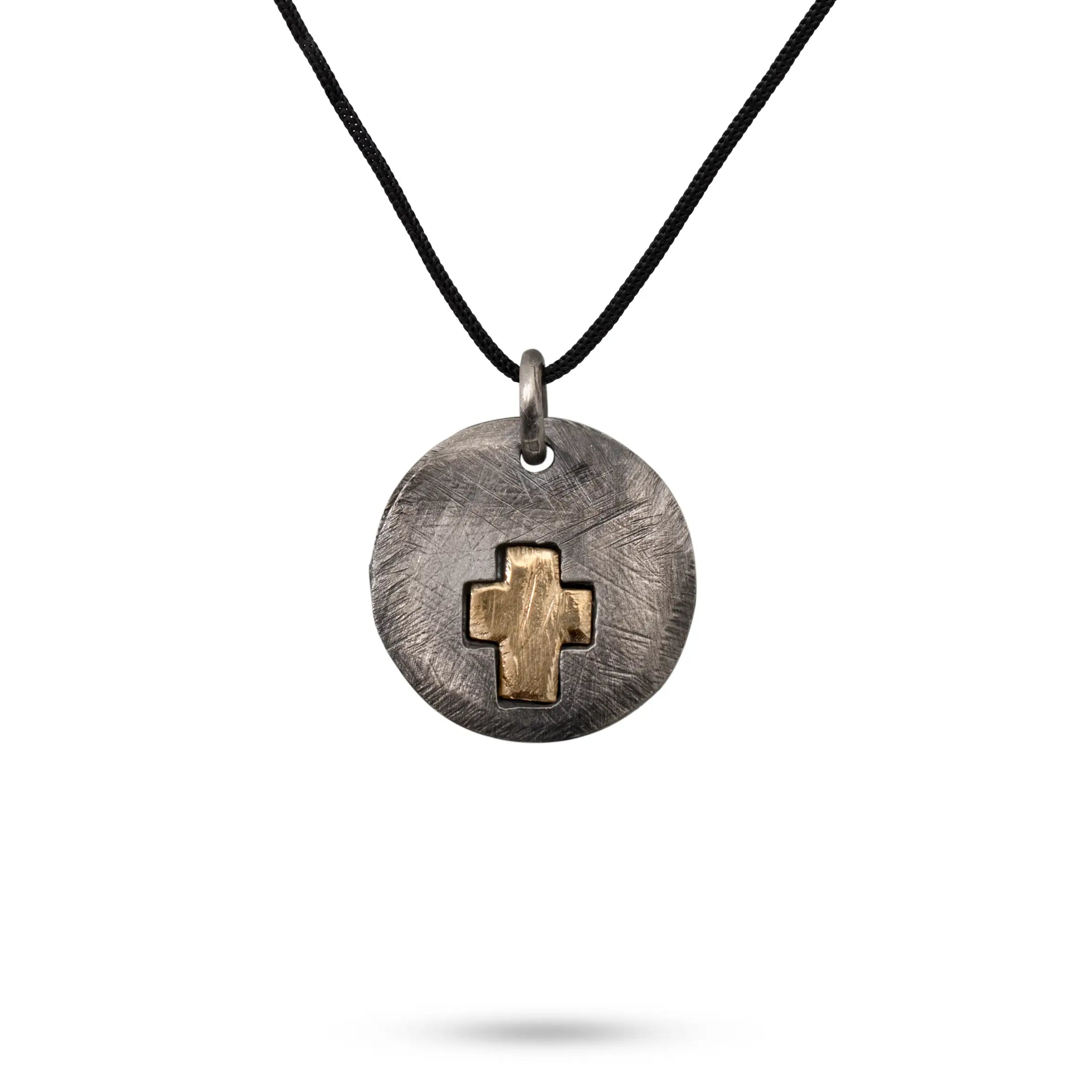 Cross Pendant Necklace Oxidized Silver 14K Gold