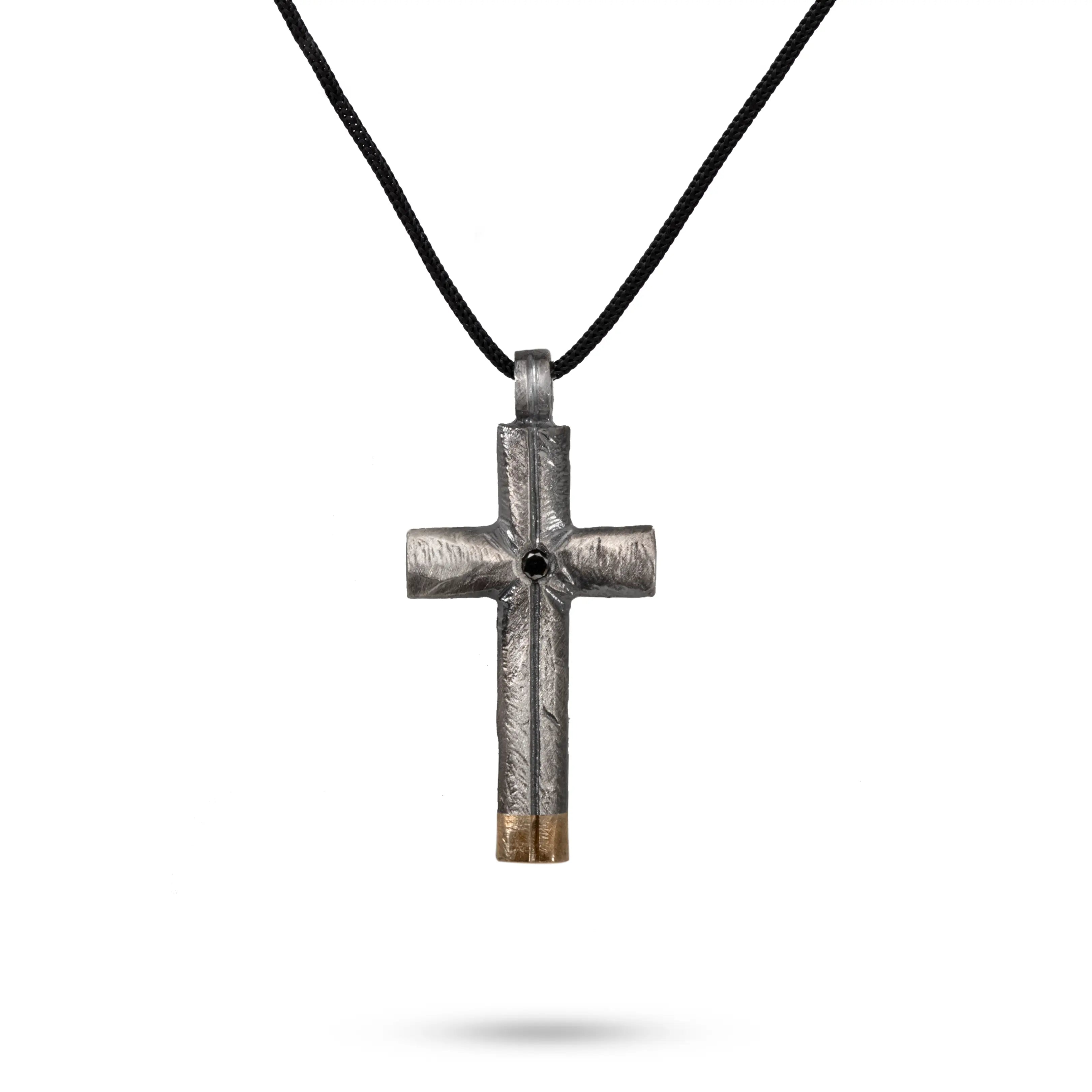 Cross Necklace Black Diamond Oxidized Silver 14K Gold