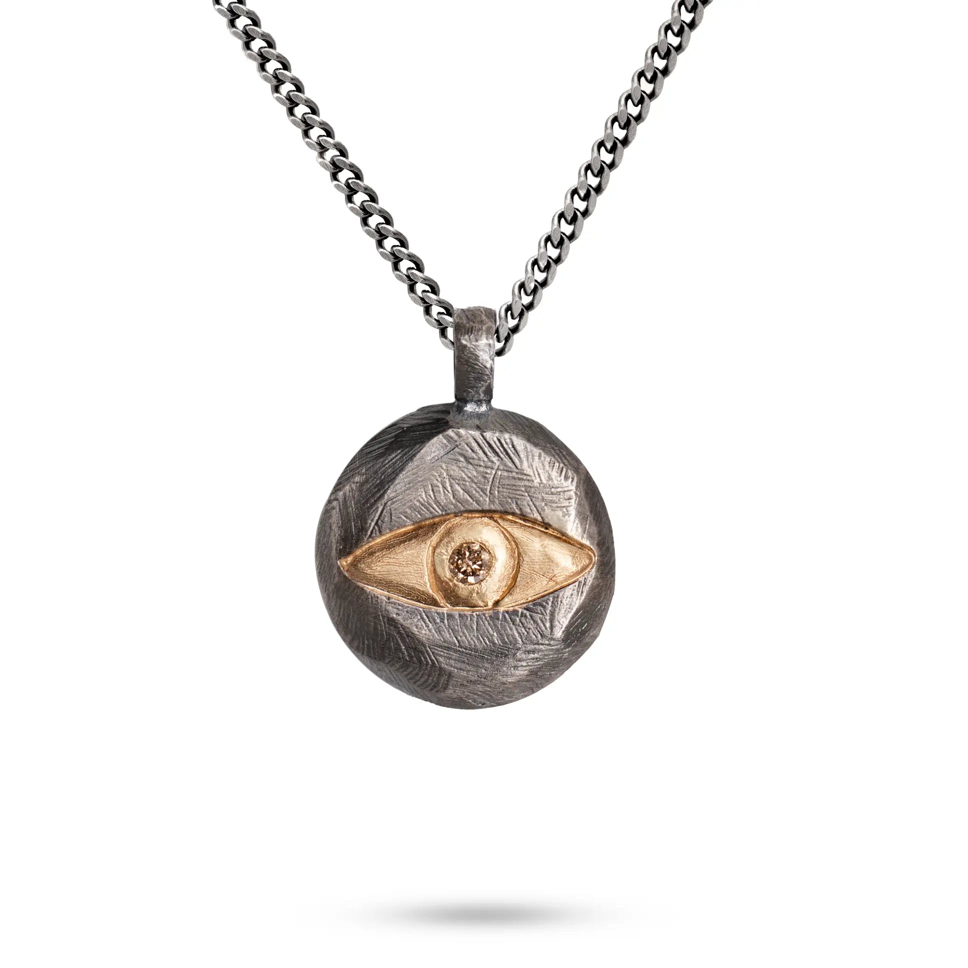 Evil Eye Necklace Brown Diamond Oxidized Silver 14K Gold