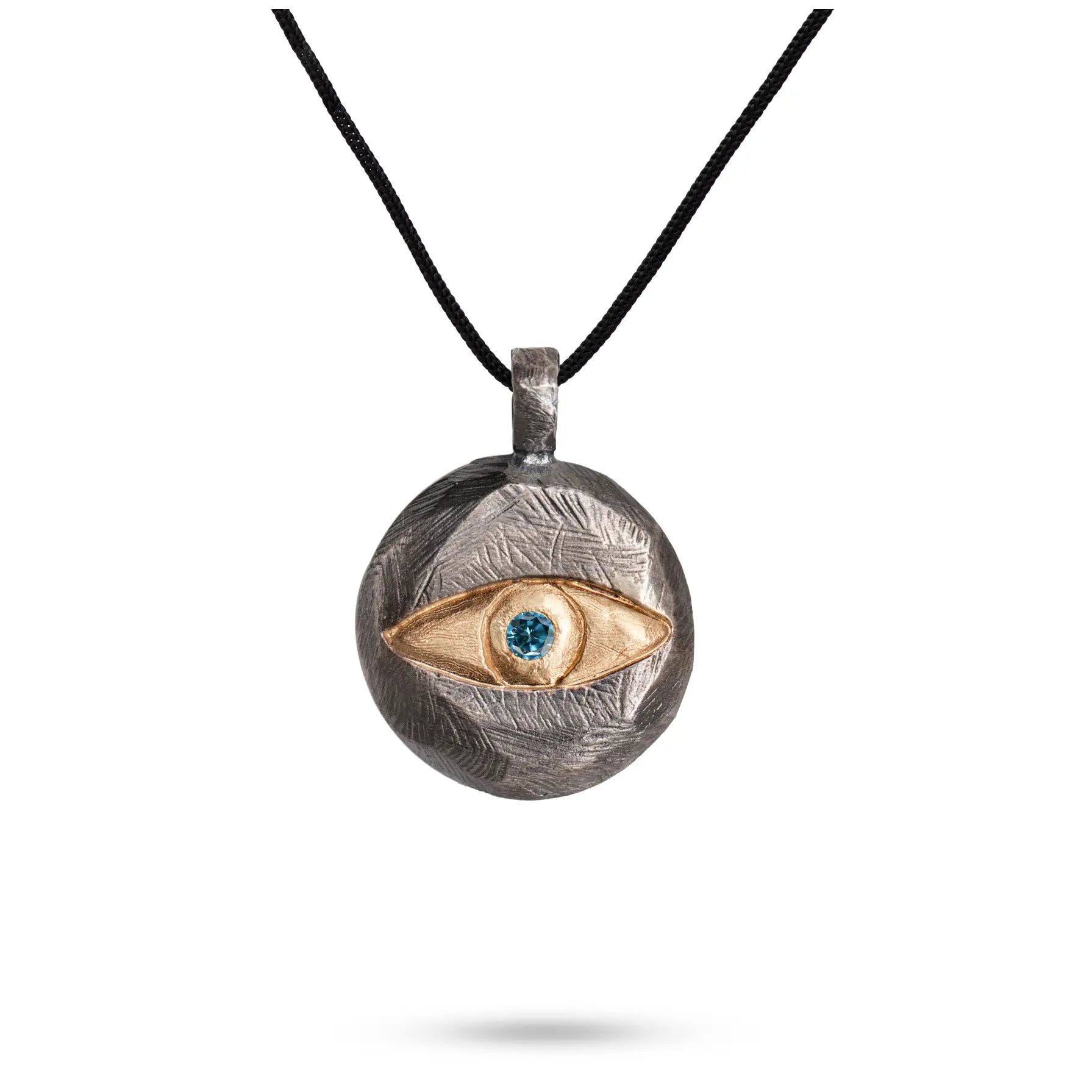 Evil Eye Necklace London Blue Topaz Oxidized Silver 14K Gold Black Cord