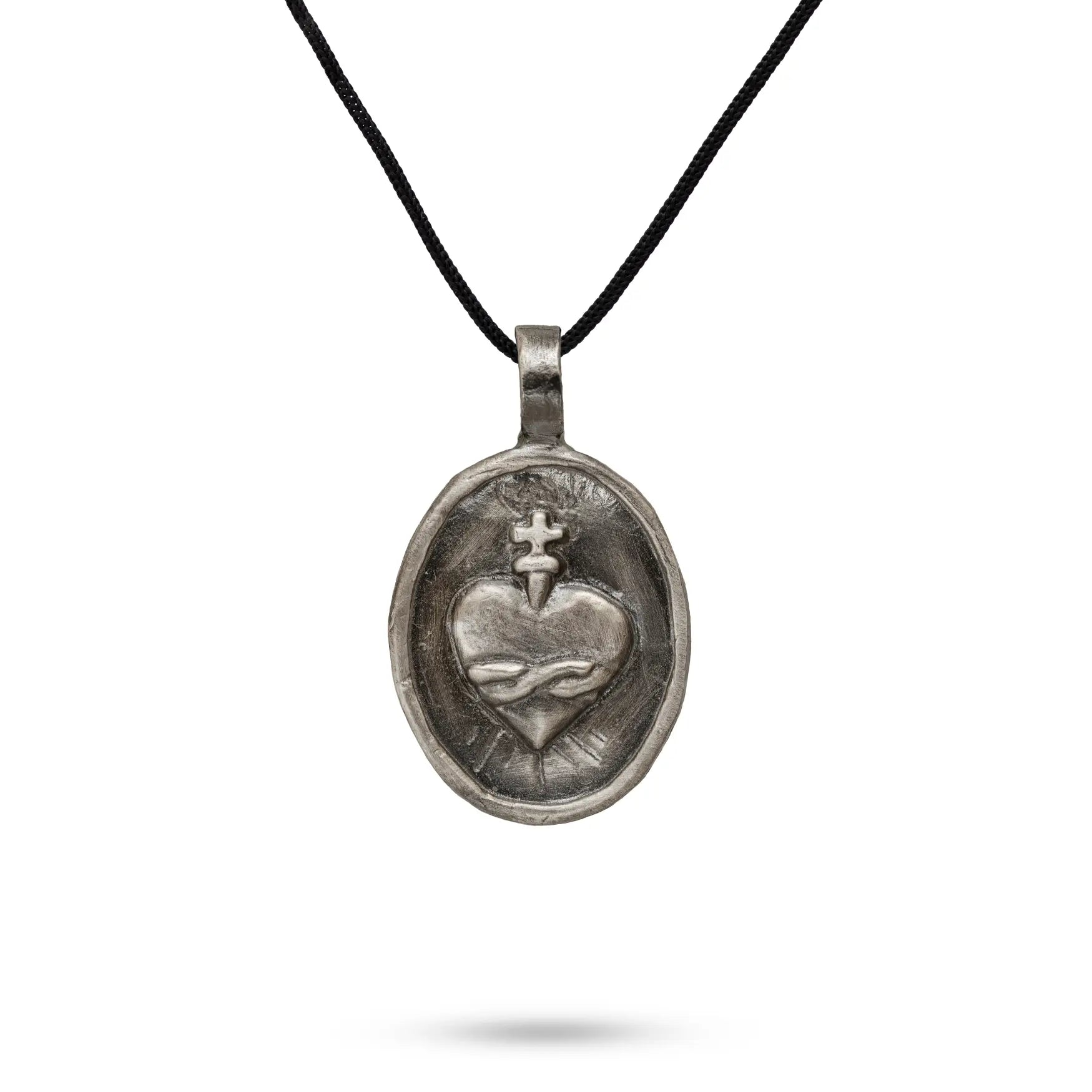 Sacred Heart Necklace Oxidized Silver with Black Cord