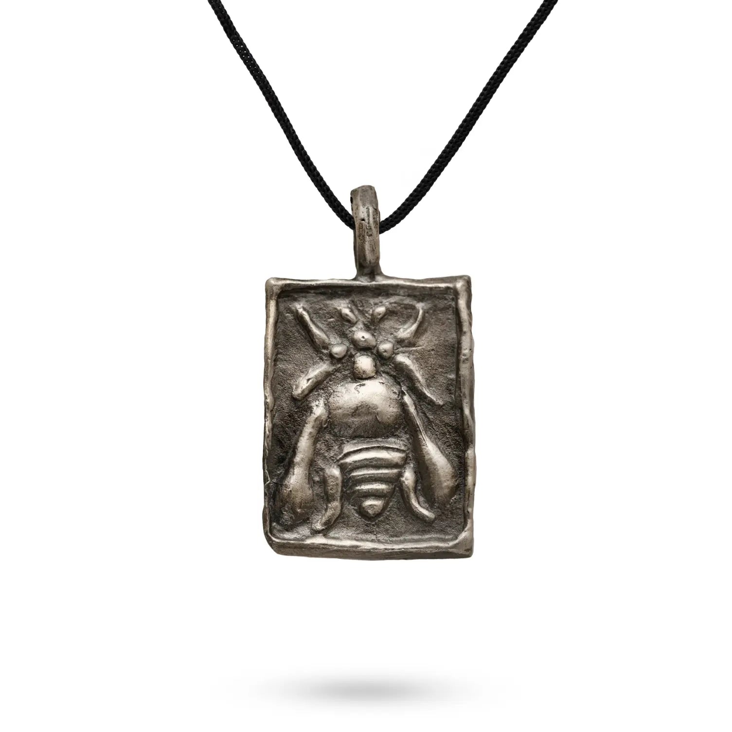 Ancient Greek Bee Necklace Oxidized Silver 925 featuring a detailed bee pendant design on a black cord, perfect for history lovers.