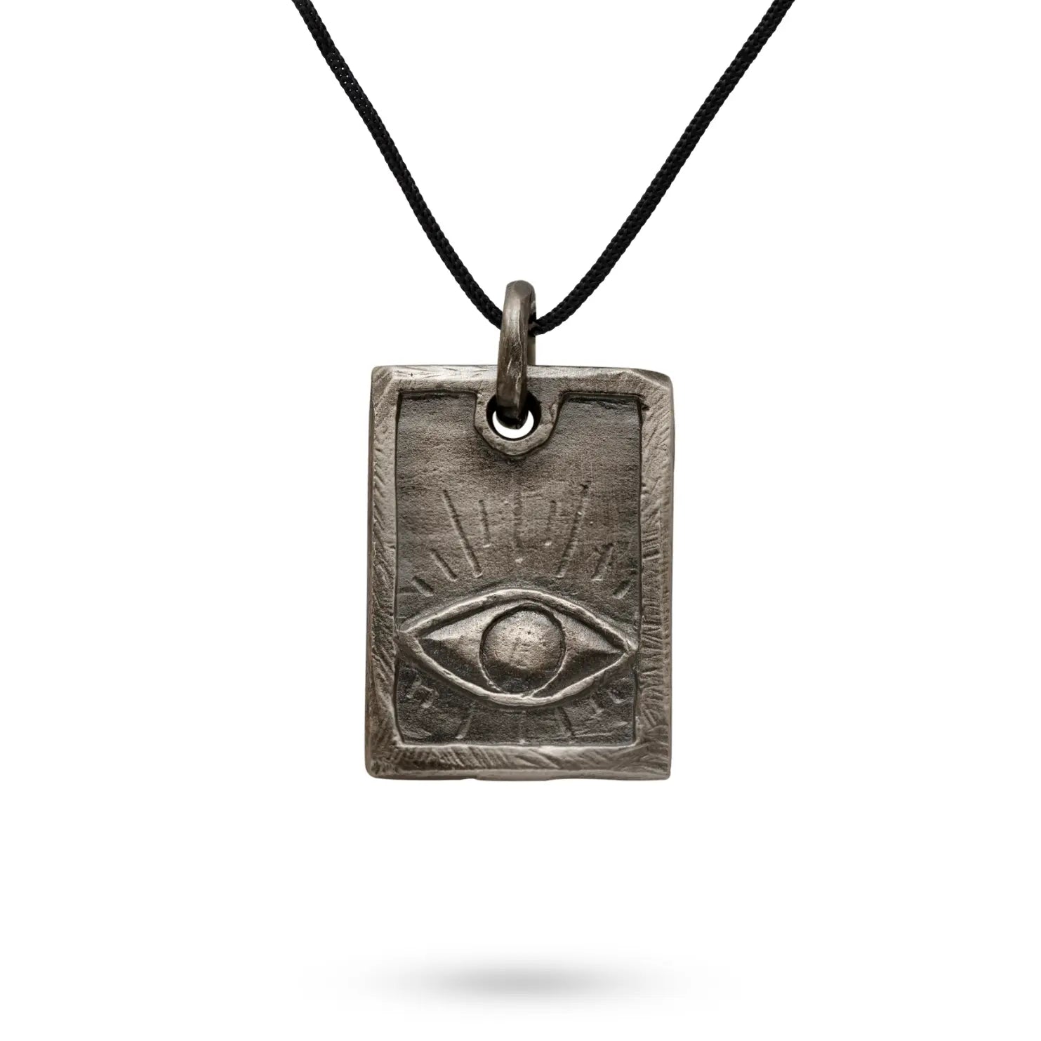 Eye Necklace Oxidized Silver 925 with handcrafted eye and black oxidized curb chain for men, sterling silver rectangle tag, gift for him.