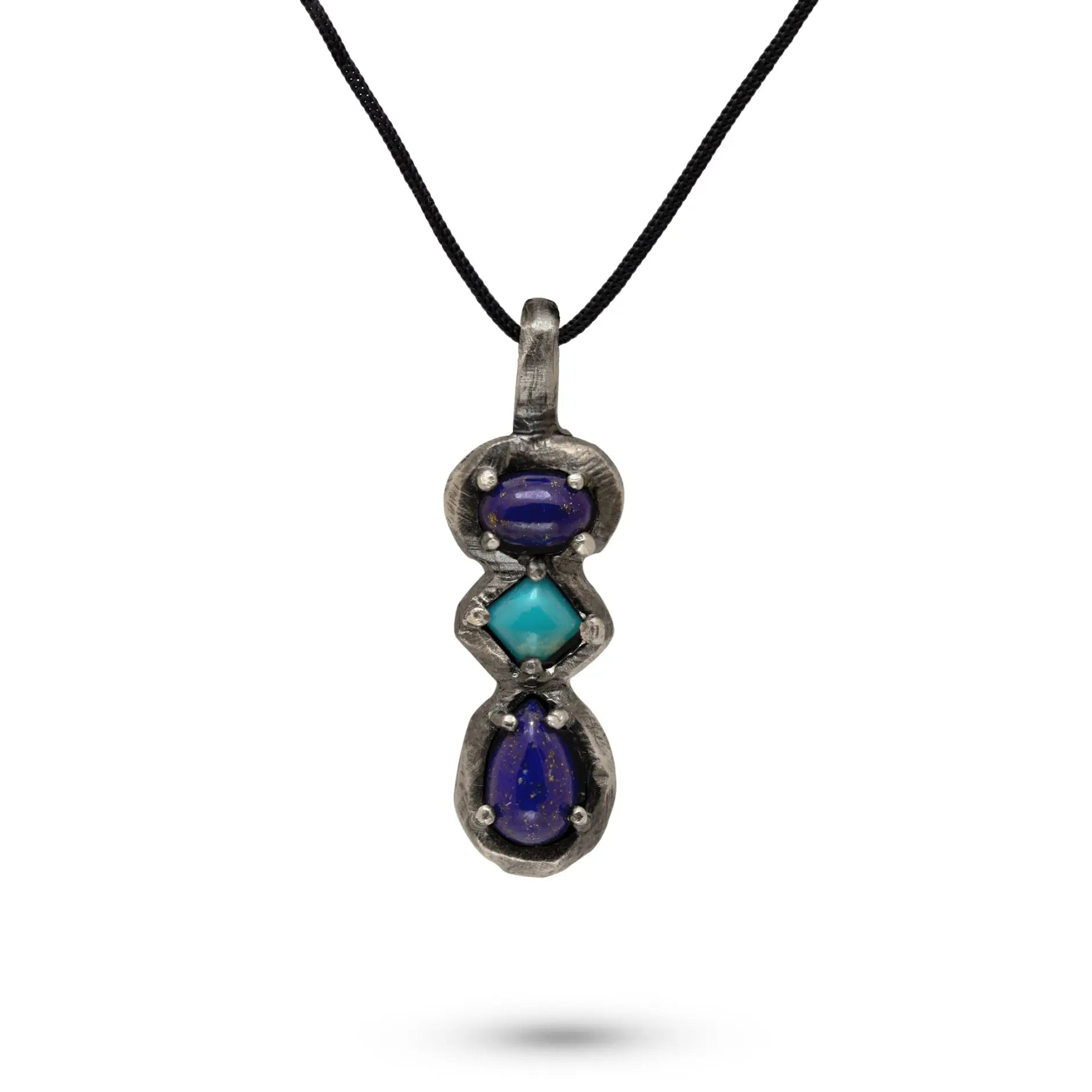 Lapis Lazuli and Turquoise Necklace Oxidized Silver with Black Cord
