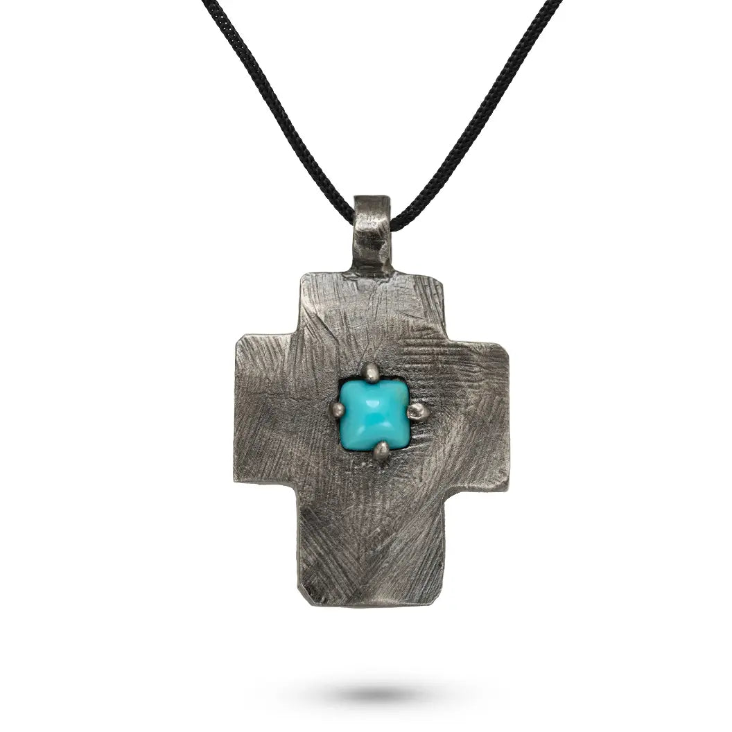 Turquoise Cross Pendant Silver 925 with Black Cord