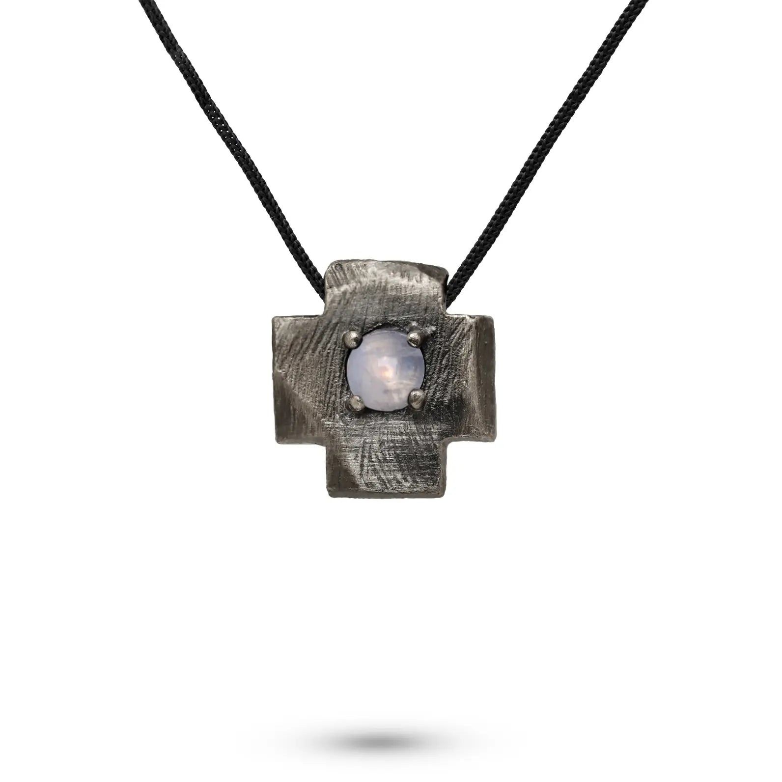 Square Cross Necklace Oxidized Silver Moonstone