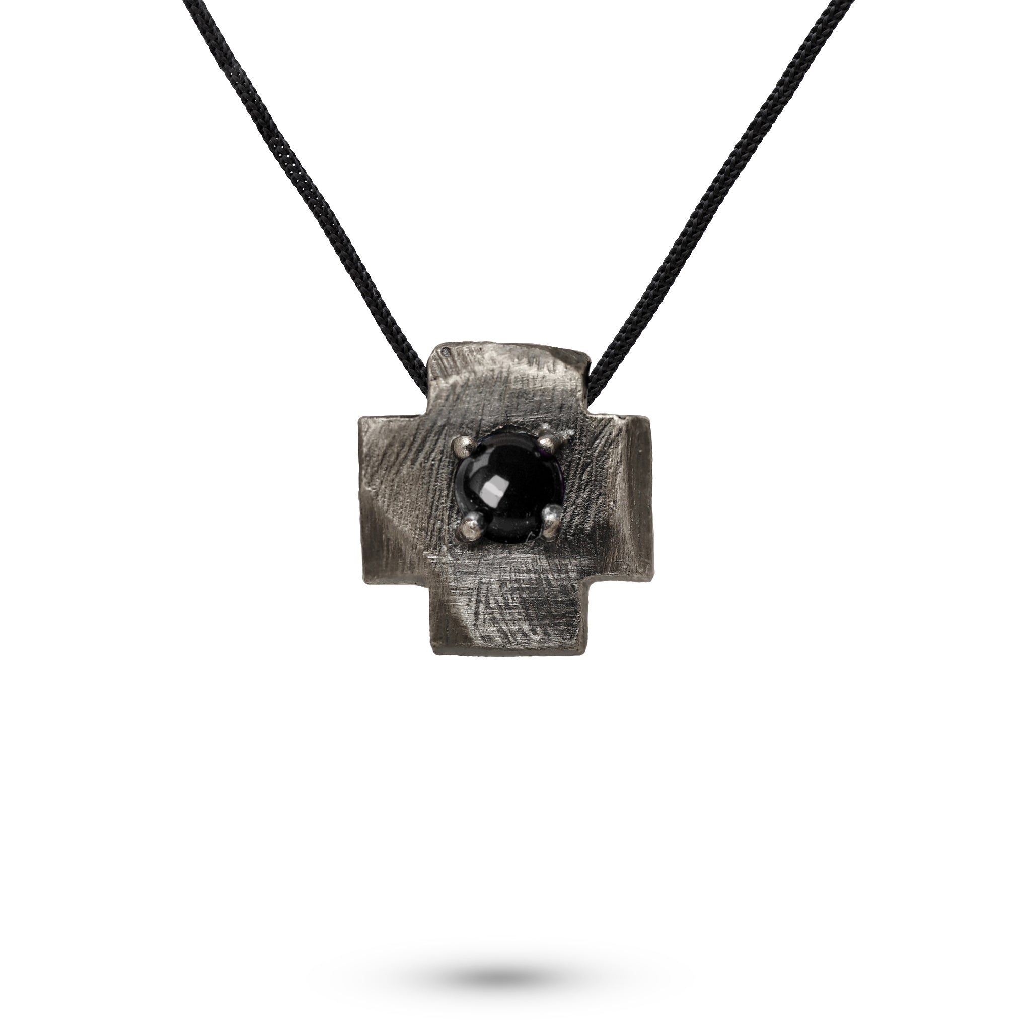 Square Cross Necklace Oxidized Silver Black Onyx