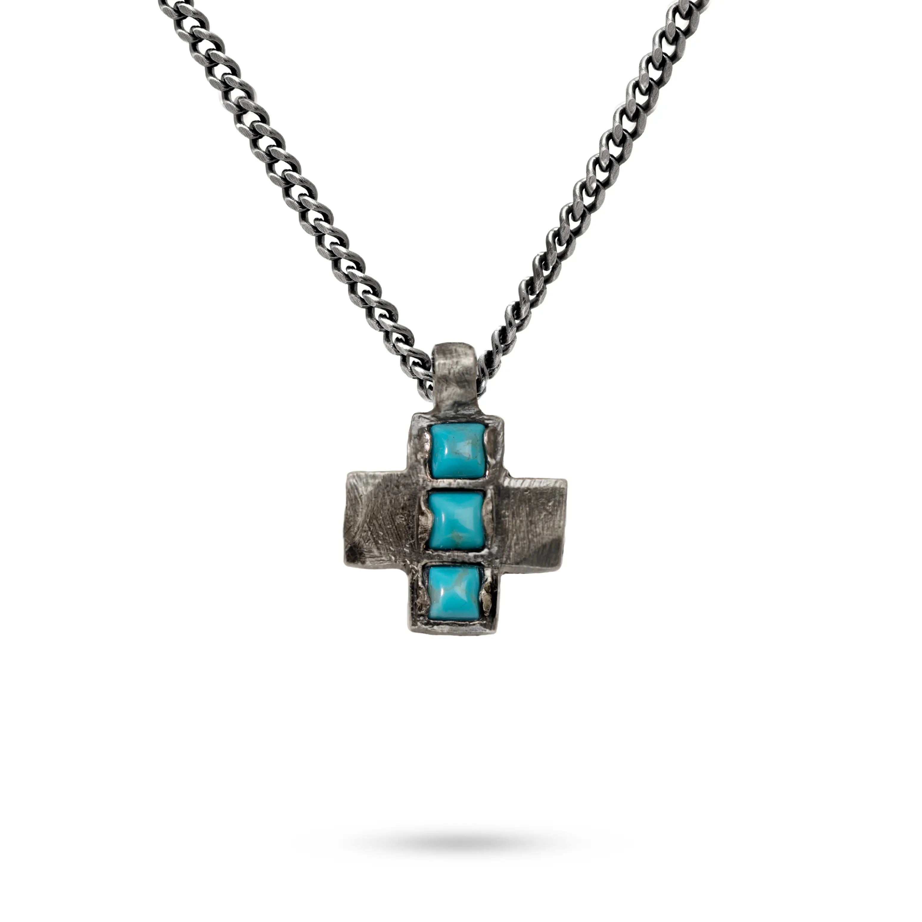 Turquoise Cross Pendant Necklace Oxidized Silver 925