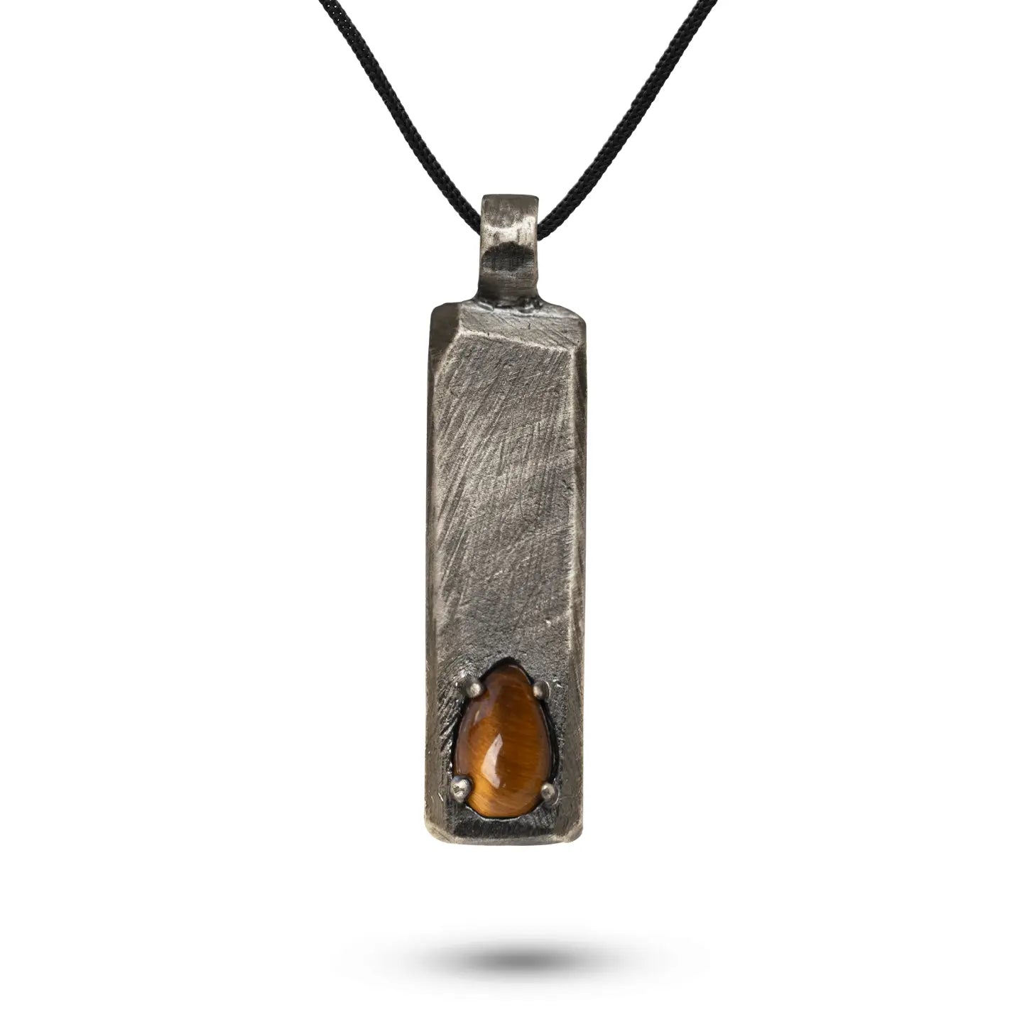 Vertical Bar Necklace Oxidized Silver Tiger's Eye handmade sterling silver pendant with black oxidized finish and Tiger's Eye stone