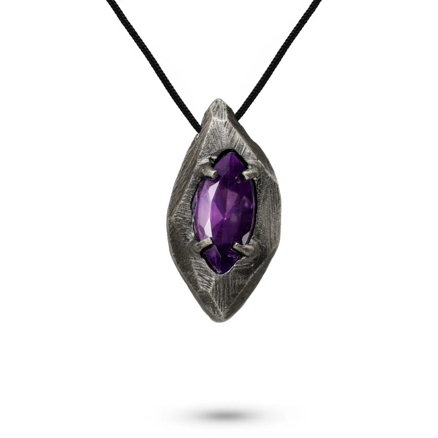 Purple Amethyst Necklace Oxidized Silver Marquise with Black Cord