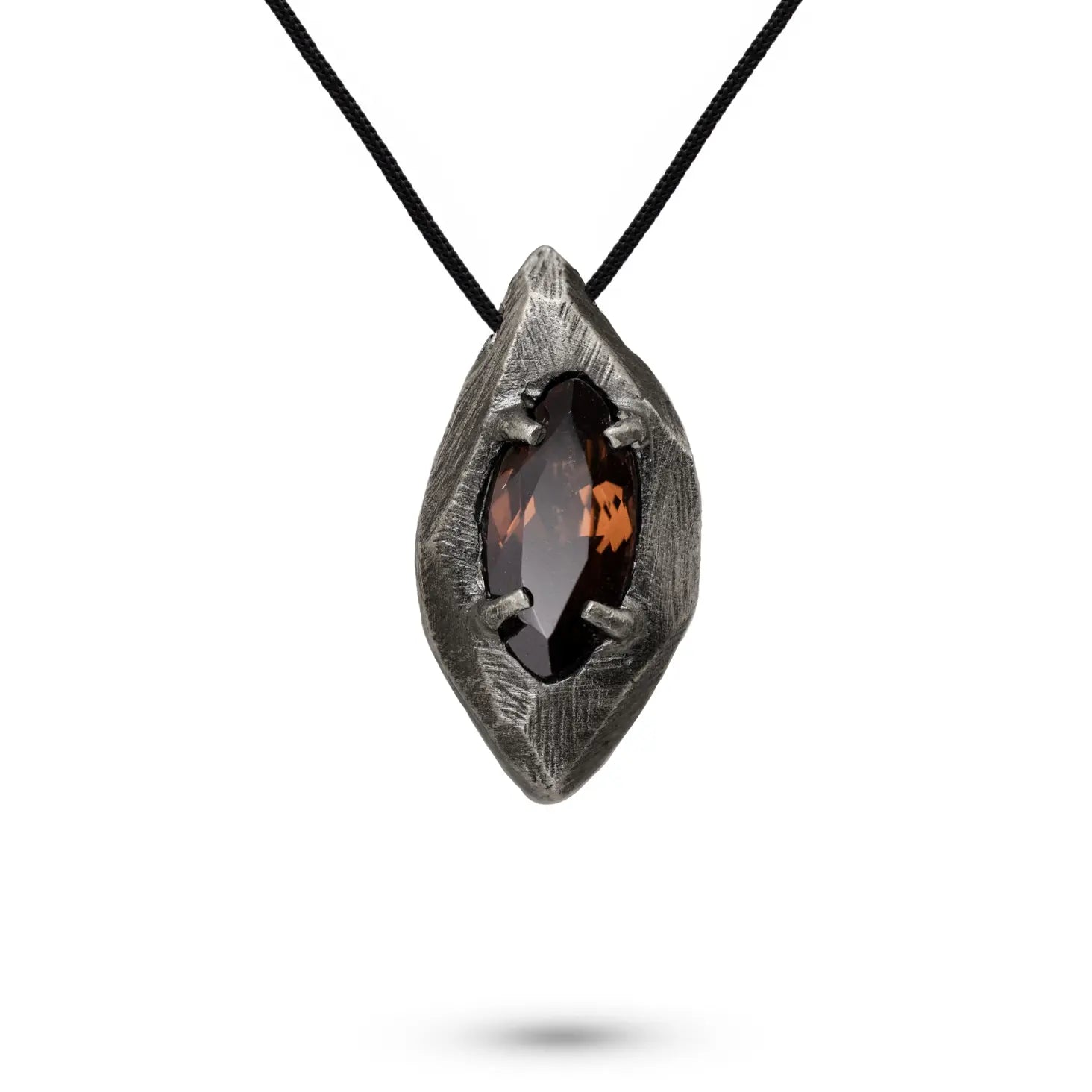 Smoky Quartz Necklace Oxidized Silver Marquise with Black Cord