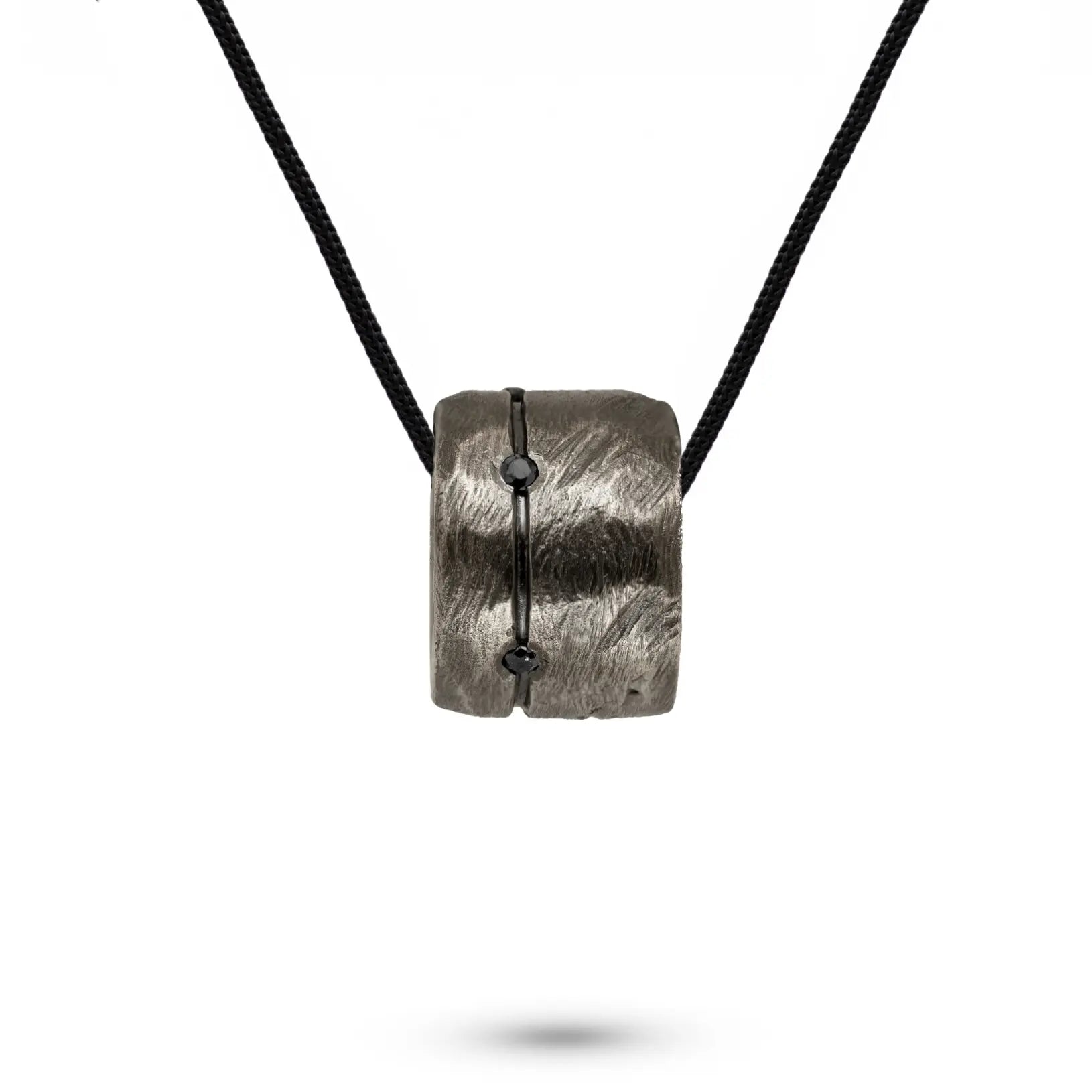 Circle Necklace Oxidized Silver 925 Black Diamonds; brutalist style pendant on black cord, sterling silver with black diamonds, 60 cm chain.
