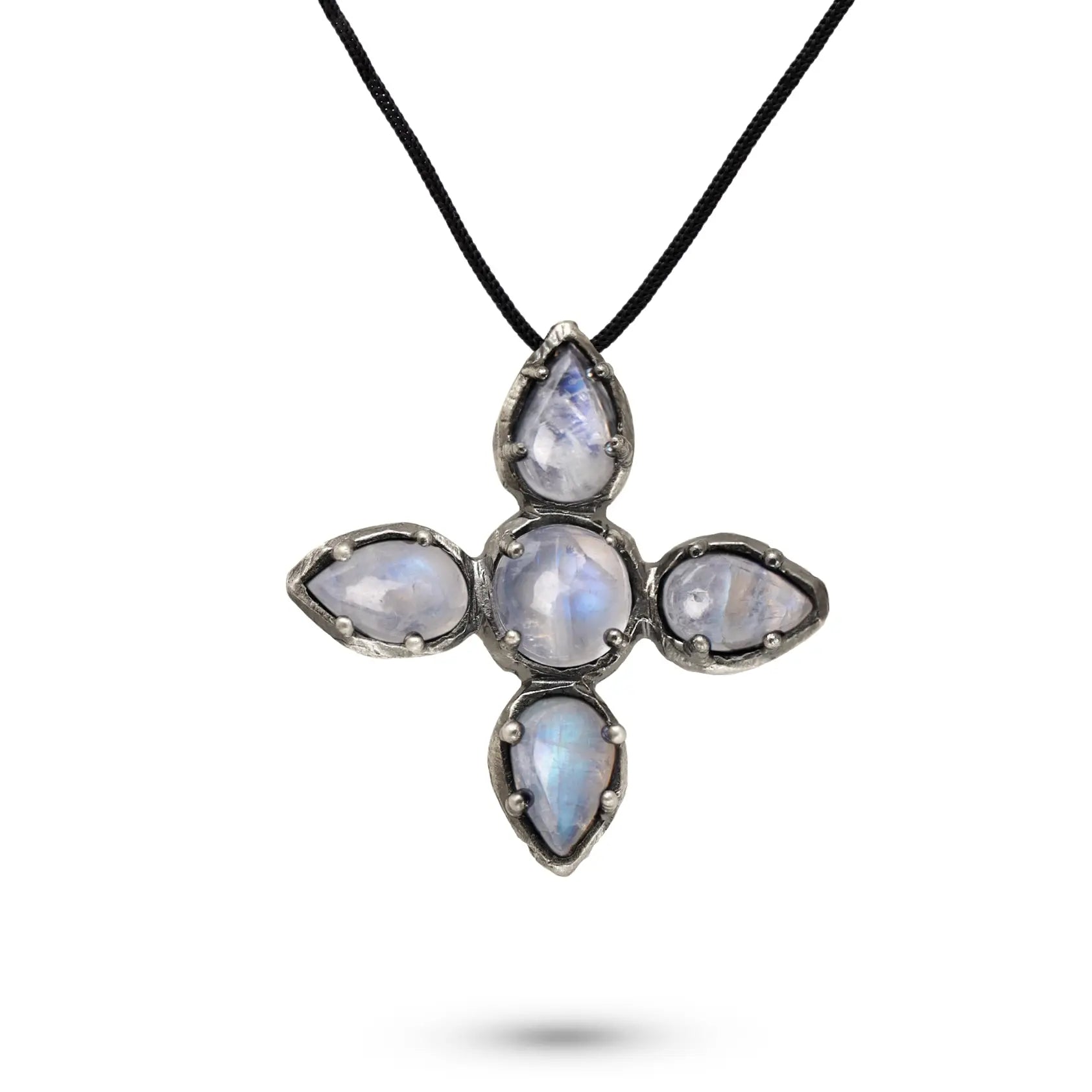 Large Cross Necklace Moonstone Oxidized Silver with sterling silver and natural gemstones, brutalist style, gift idea for men and women.