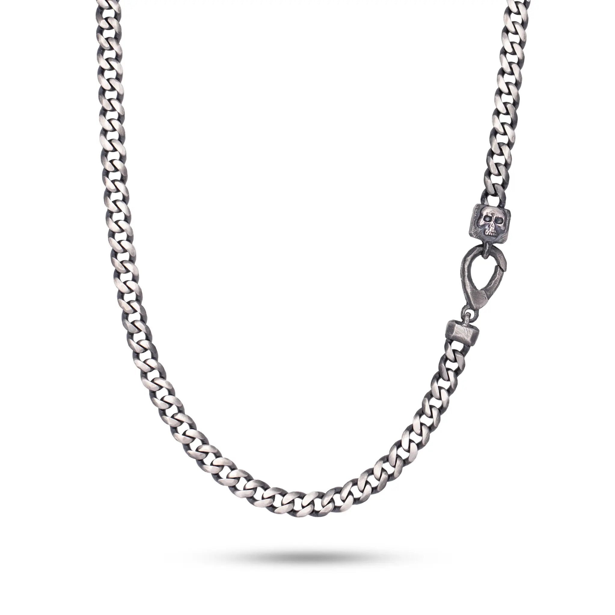 Skull Curb Chain Necklace Oxidized Silver displayed on a white background with a subtle shadow.