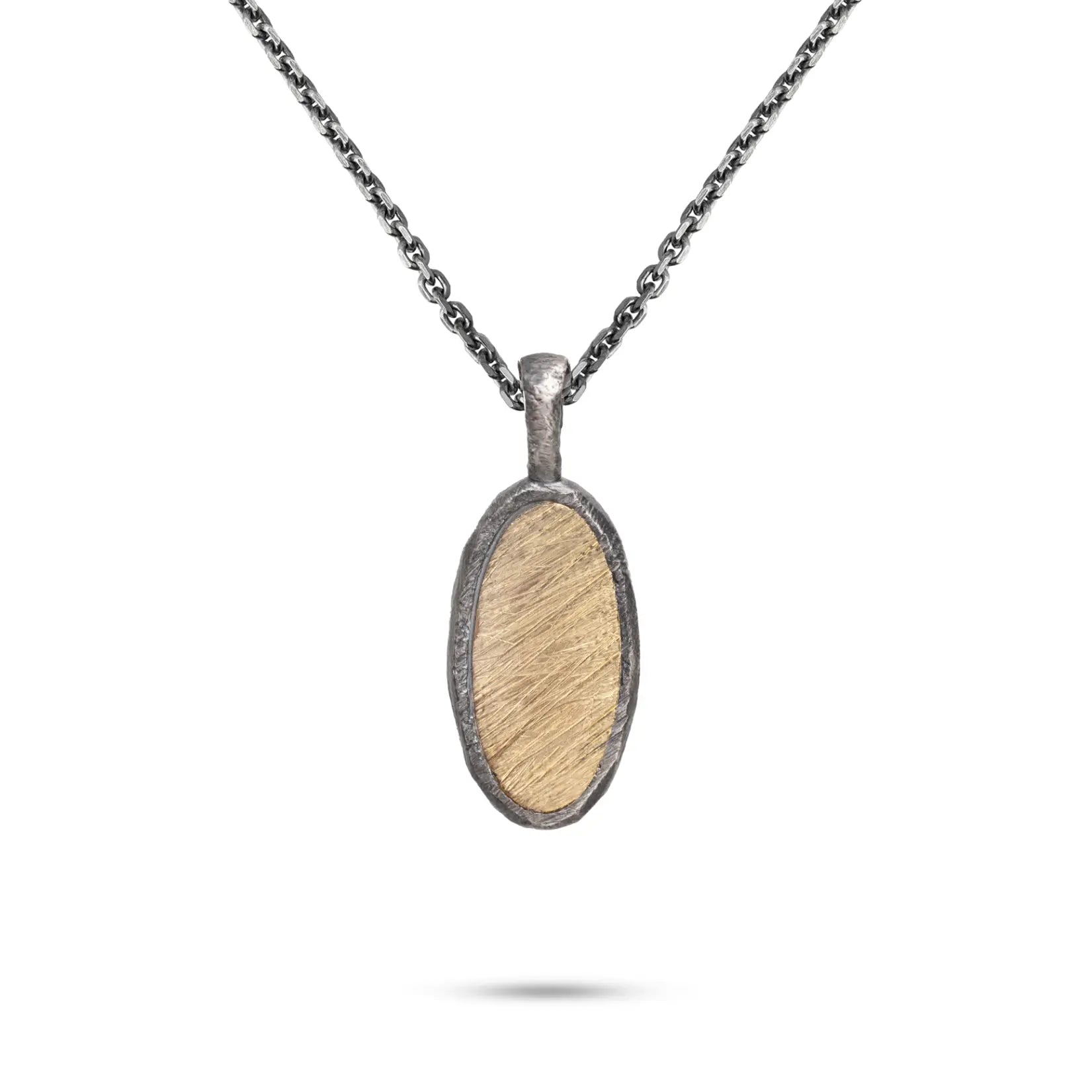 Oval Necklace Silver 925 and 14K Gold with sleek oval pendant design in black oxidized silver and gold accents.