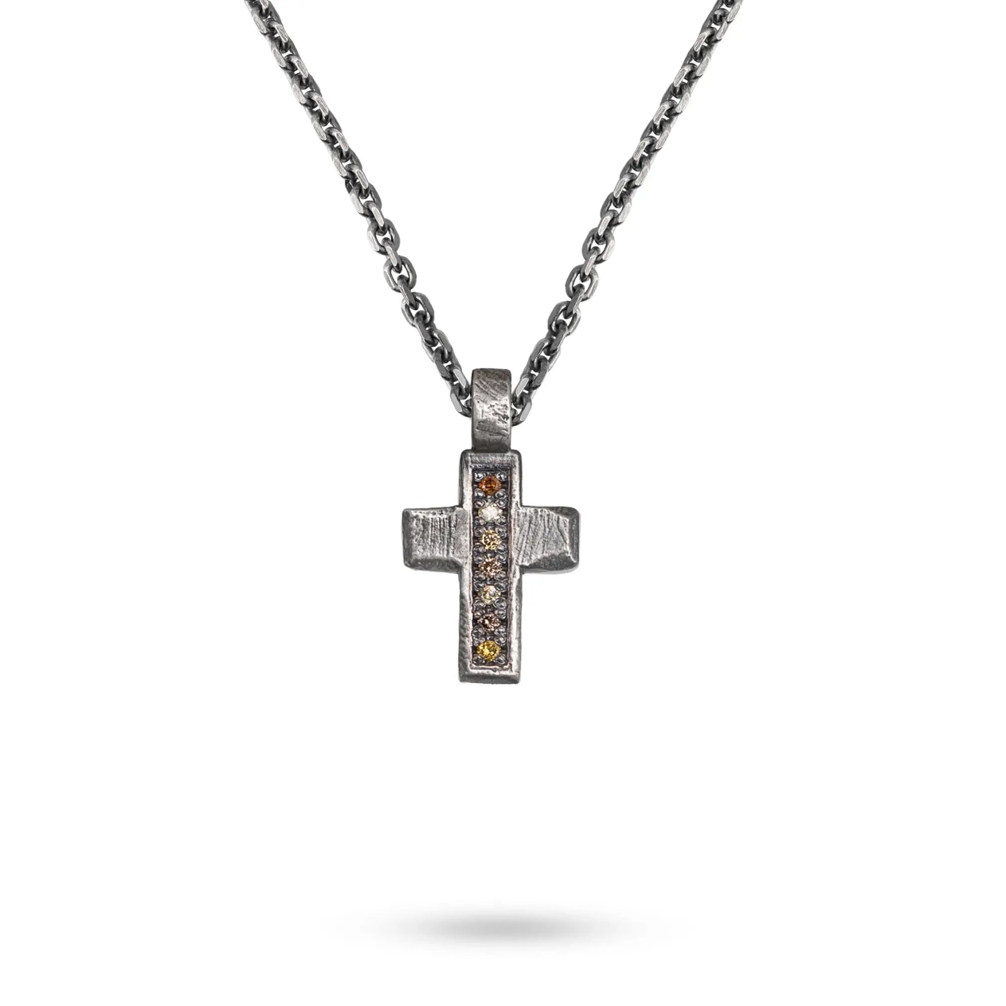 Silver Cross Necklace Brown Diamonds with intricate design and elegant chain, highlighting luxurious brown diamonds embedded in a silver setting.