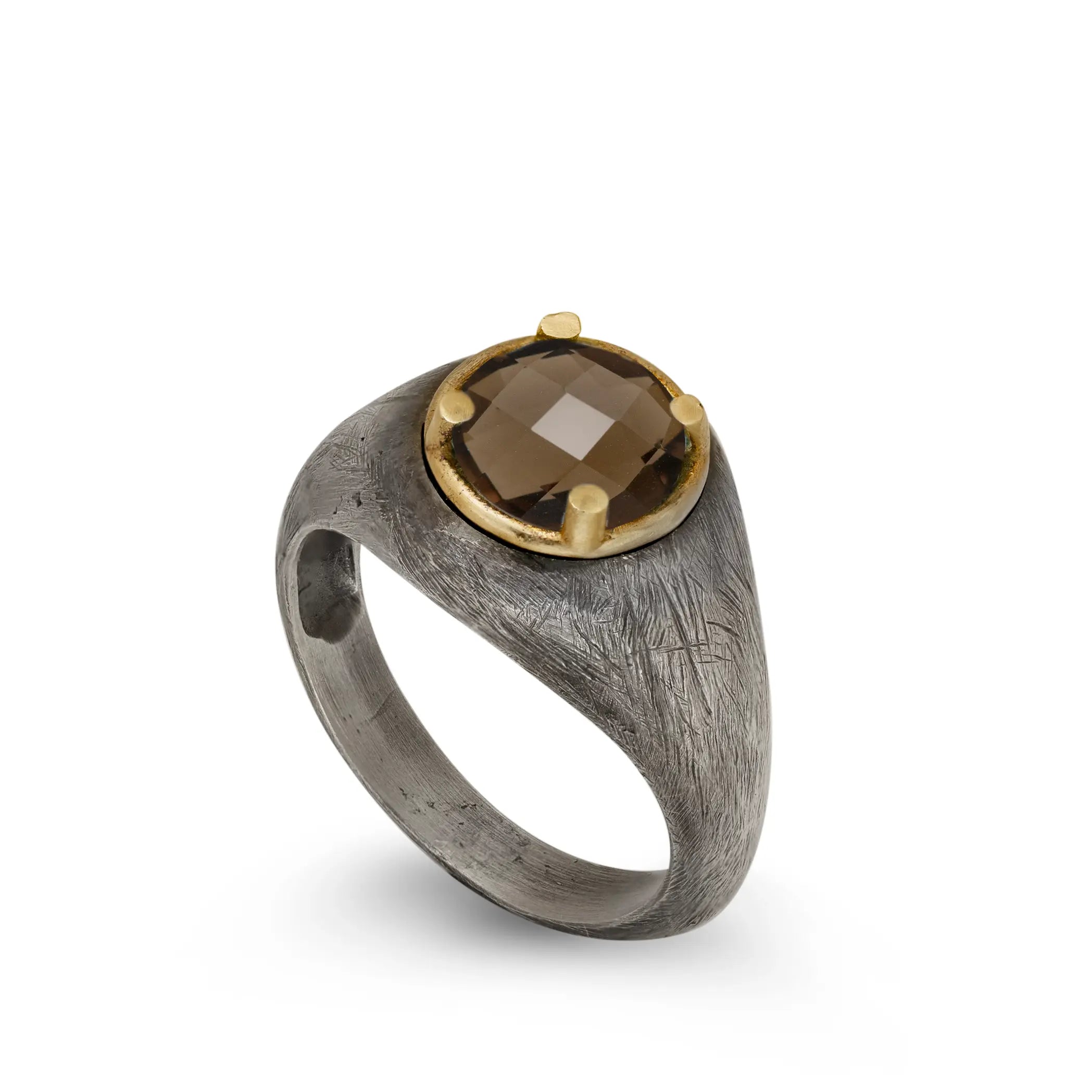 Smoky Quartz Ring Oxidized Silver 925 14K Gold