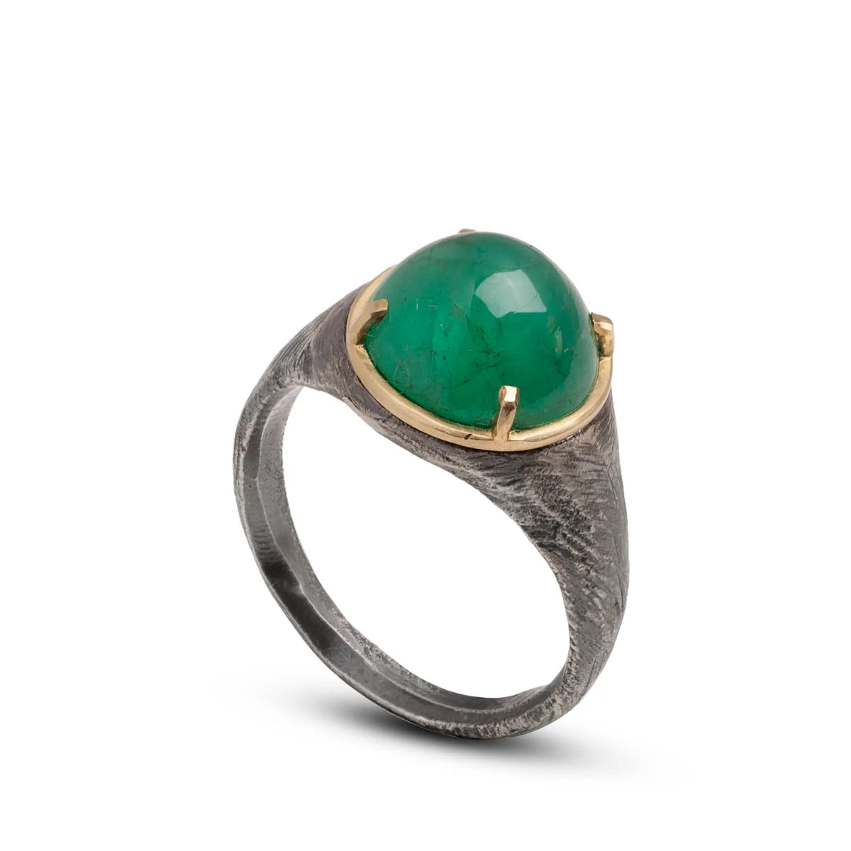 One Of A Kind Emerald Ring In Silver And Gold featuring a cabochon cut emerald in a unique silver and gold design.