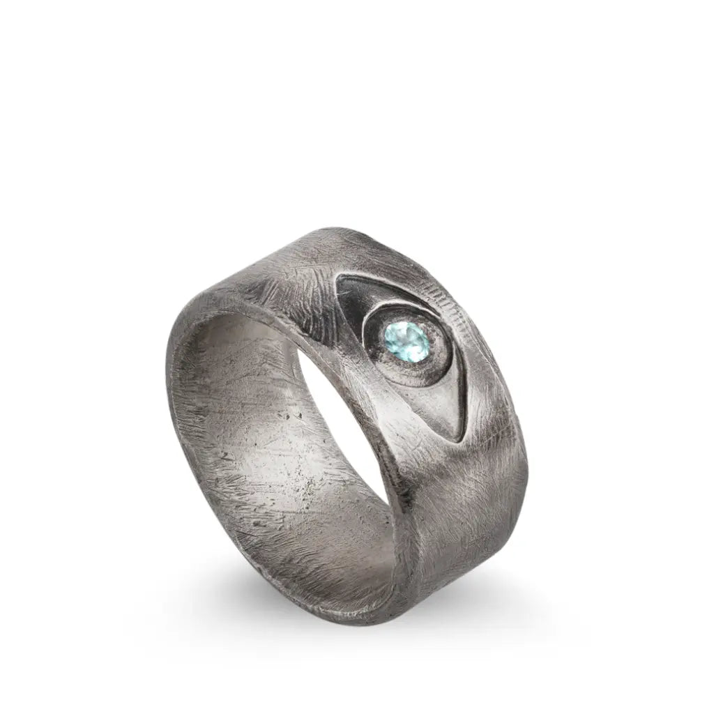 Evil Eye Ring - Aquamarine Oxidized Sterling Silver