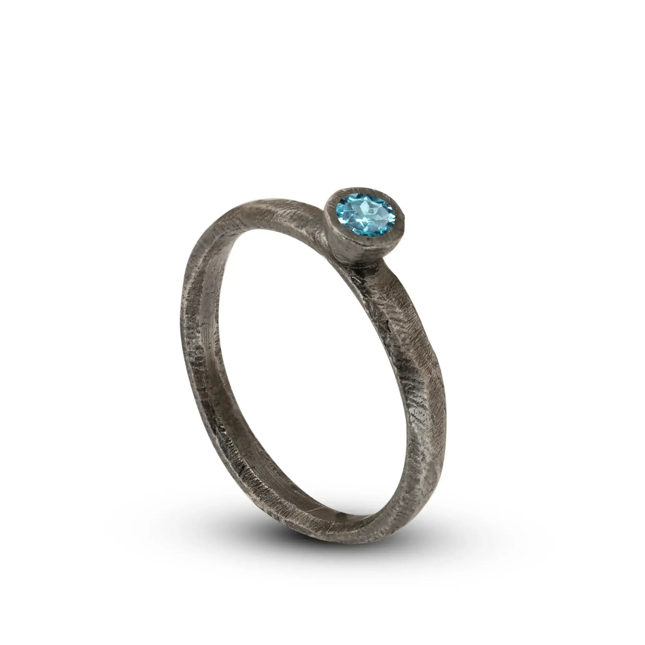 London Blue Topaz Ring in Oxidized Silver 925, handcrafted in brutalist style for women, featuring a 0.16ct stone, elegant gift-ready.