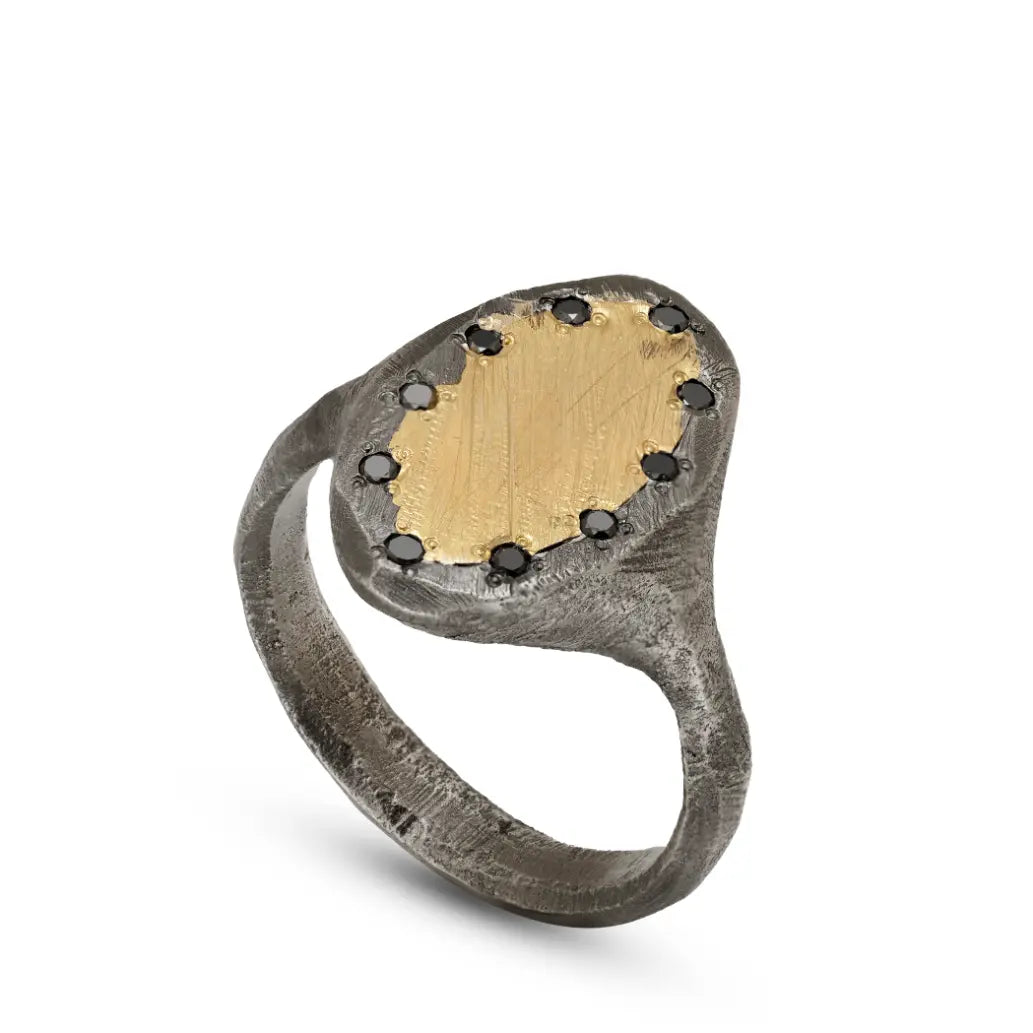 Oval Ring 14K Gold Oxidized Silver 925 Black Diamonds