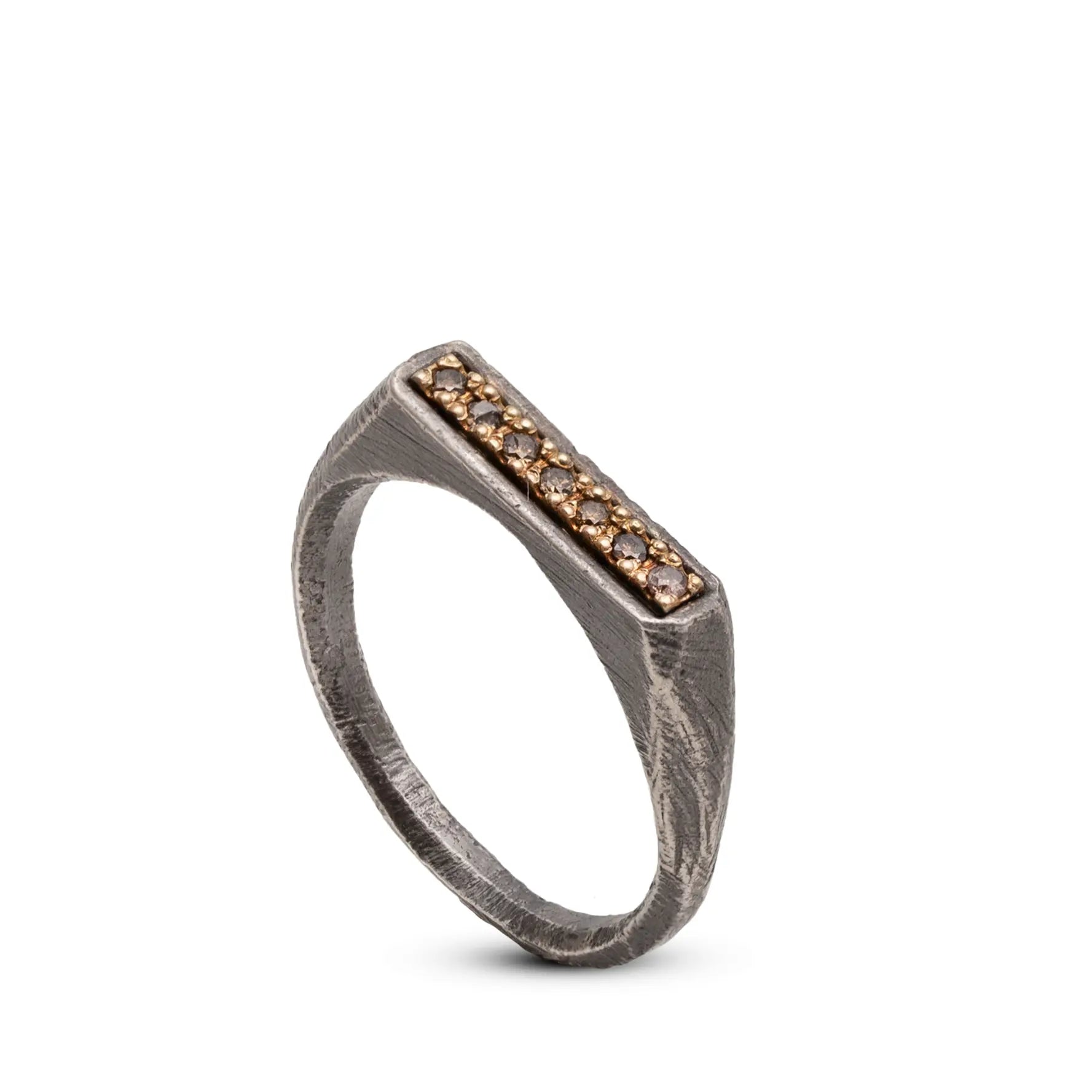 14K Gold & Silver 925 Rectangle Ring with Brown Diamonds in brutalist style for men's fashion.