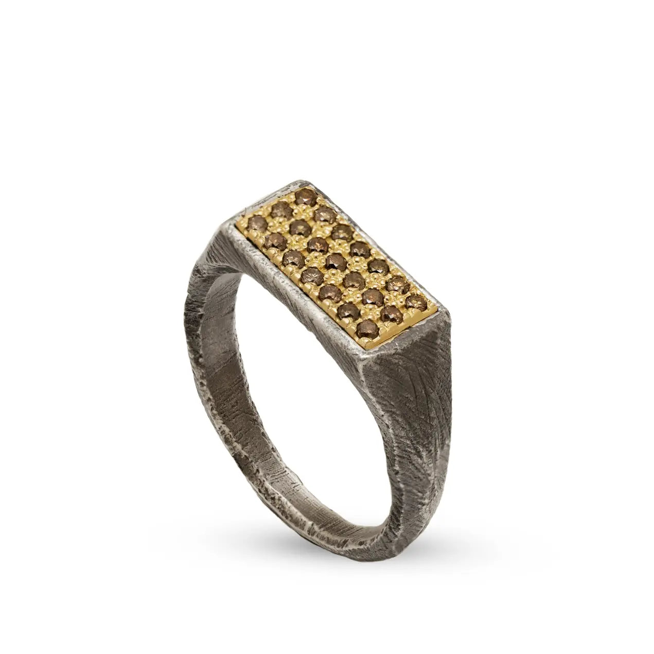 14K Gold and Silver Signet Ring With Brown Diamonds