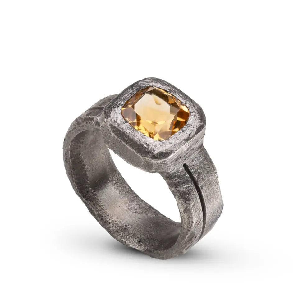 Citrine Ring Silver 925, black oxidized sterling silver, brutalist design, featuring a rich citrine gemstone, handcrafted for men and women.