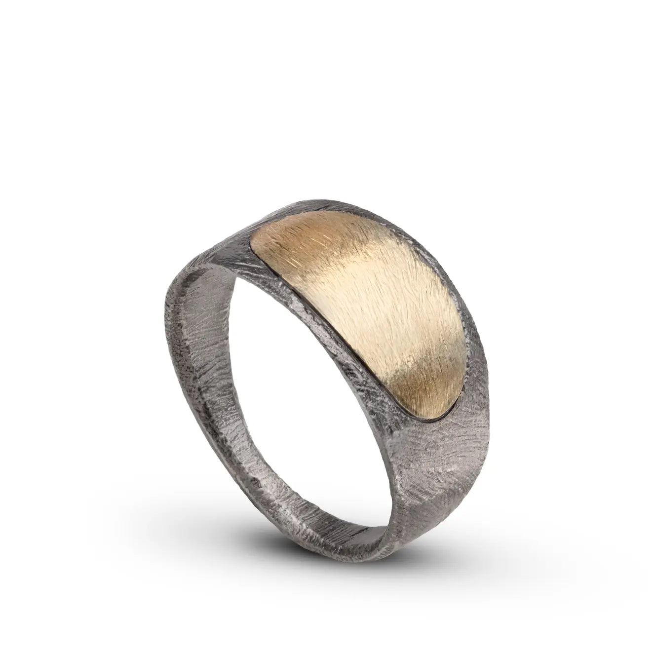 14K Gold & Silver 925 Oval Signet Ring in brutalist style with rough textured surface, men's fashion accessory.