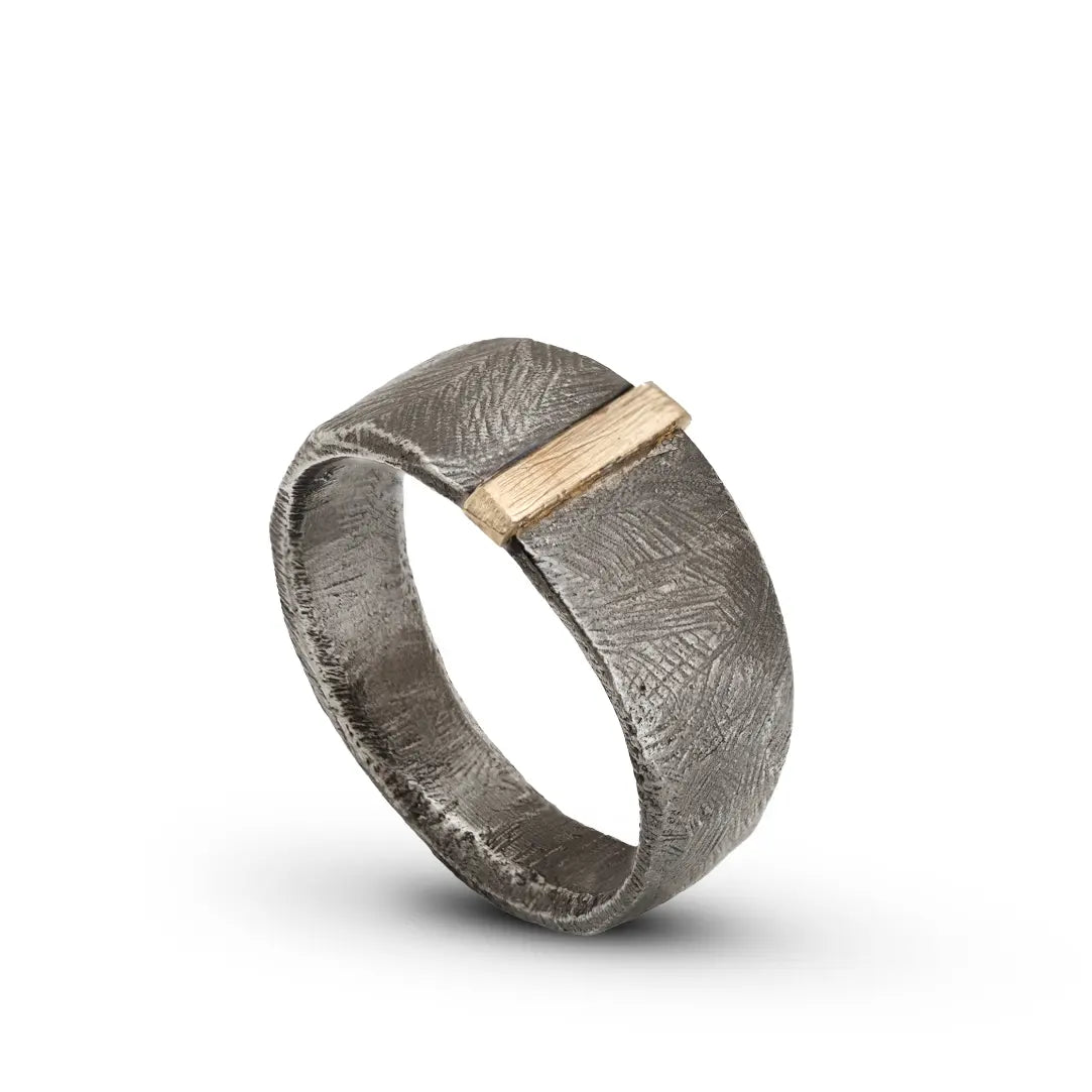 Oxidized Silver 925 & 14K Gold Ring men's brutalist style handcrafted silver and gold ring with raw texture.