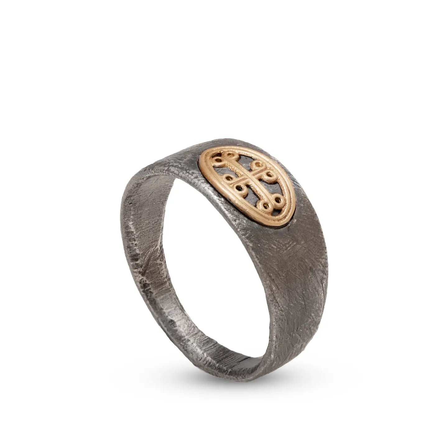 14K Gold Silver 925 Signet Ring in brutalist style, handcrafted with textured surface, combining sterling silver and gold, perfect for gifts.