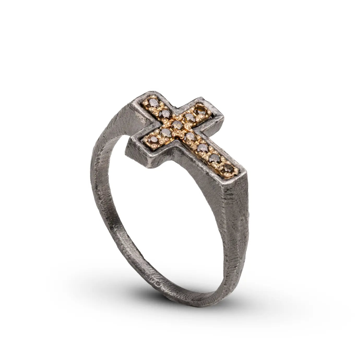 Cross Ring 14K Gold & Silver with Brown Diamonds in Brutalist Style, Handcrafted, Oxidized Finish, Men & Women Jewelry