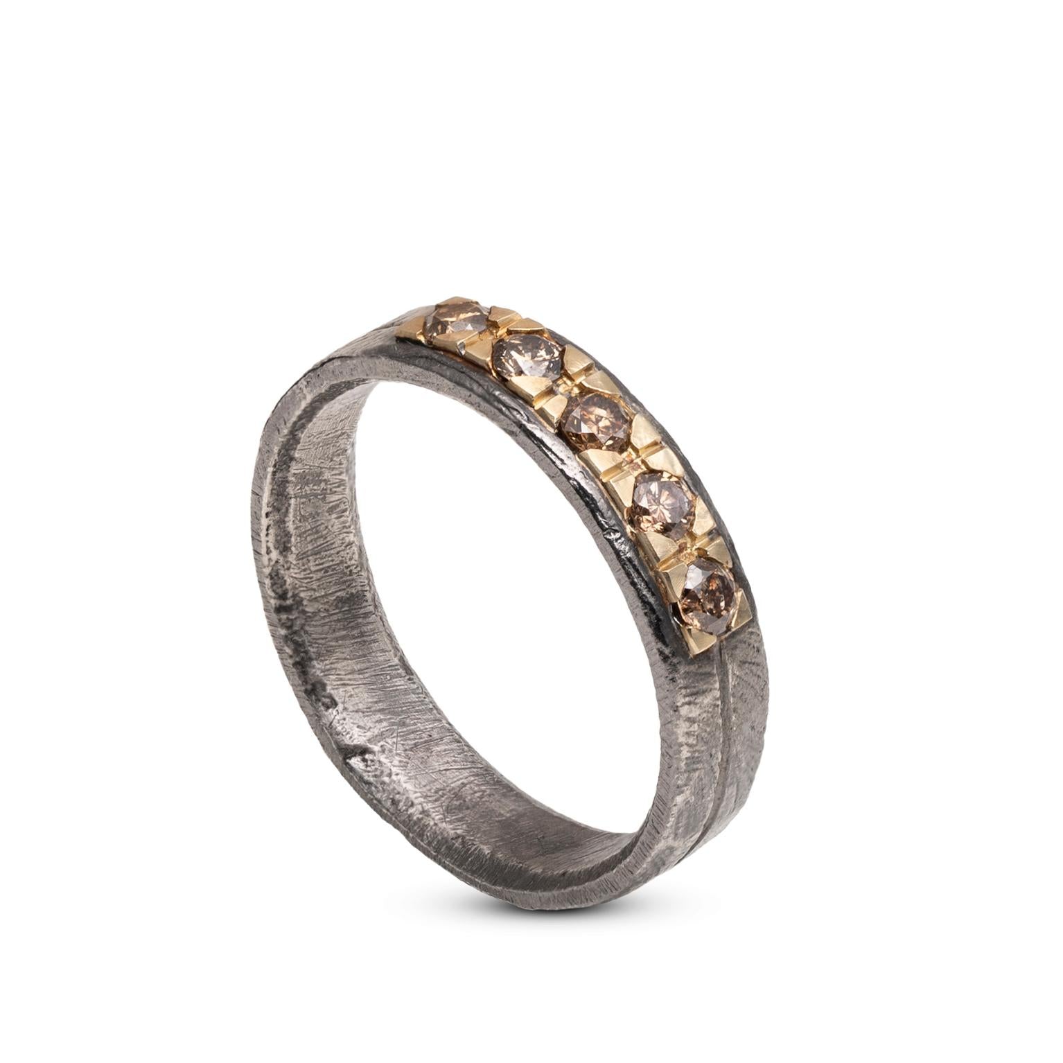 Brown Diamonds Band Ring 14K Gold and Silver 925 with brutalist style and handcrafted finish, featuring oxidized sterling silver and gold bar.