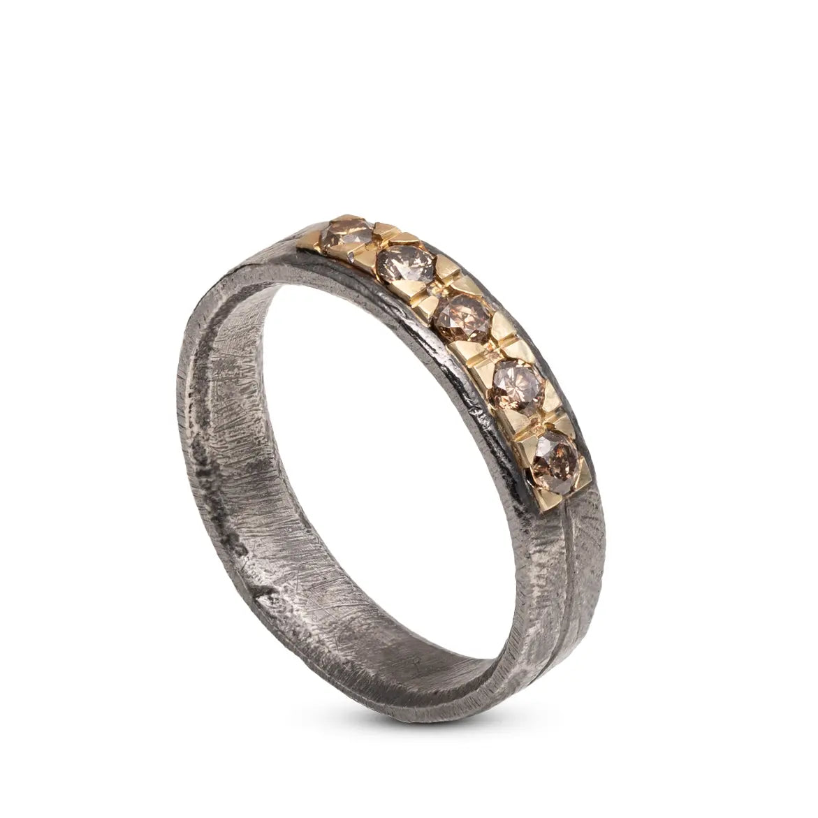 Brown Diamonds Band Ring 14K Gold and Silver 925 with brutalist style and handcrafted finish, featuring oxidized sterling silver and gold bar.