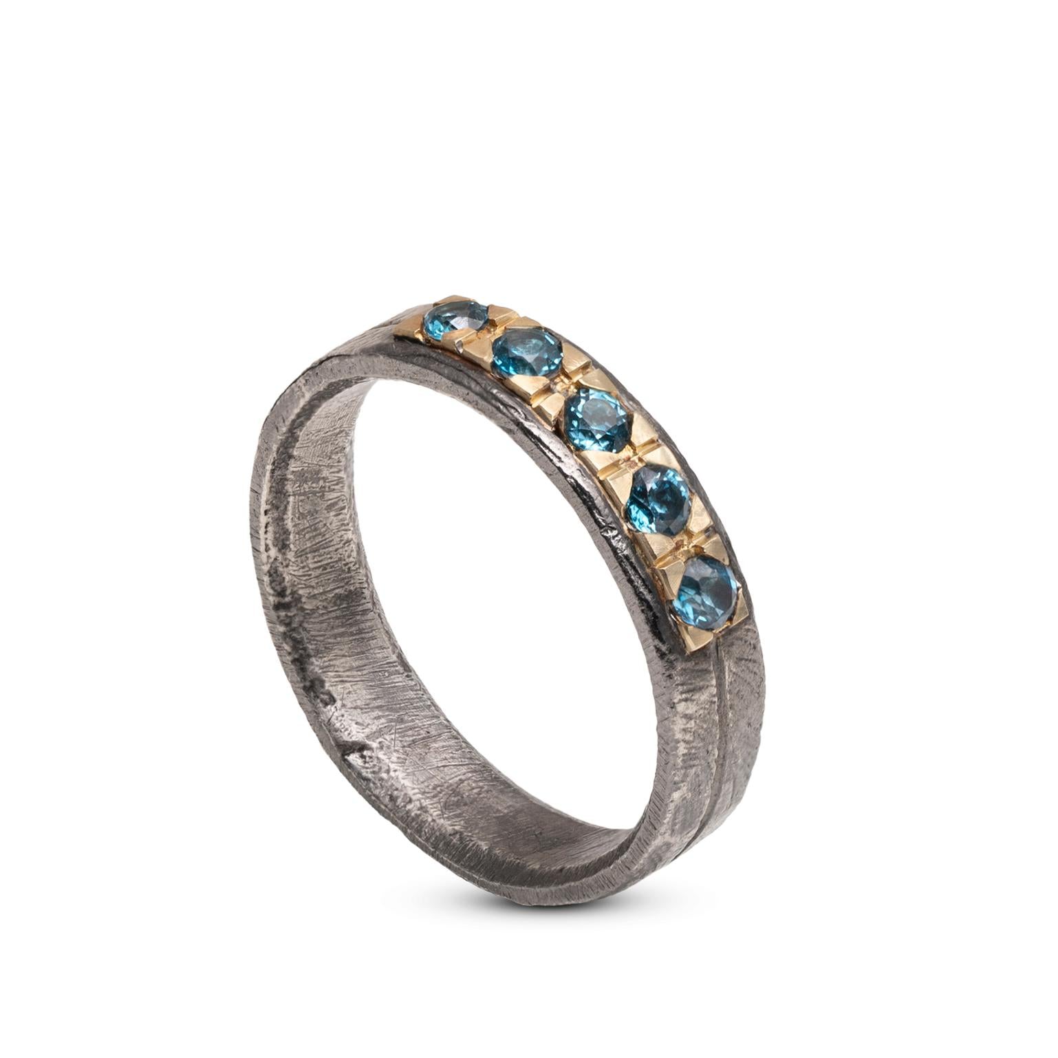 Blue Topaz Band Ring in 14K Gold and Silver 925 with London blue topaz gemstones, handcrafted in brutalist style, perfect for men.