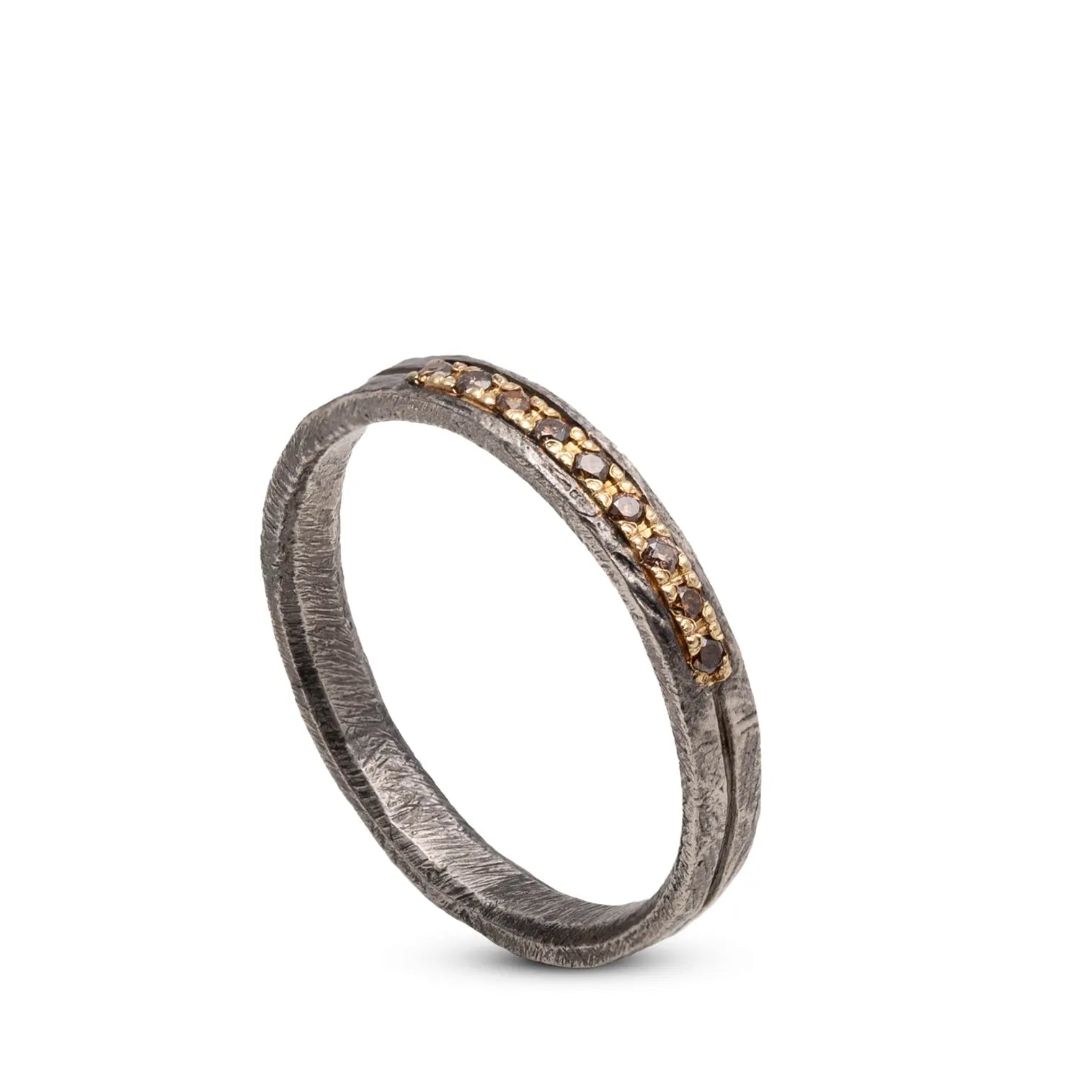 14K Gold & Silver 925 Band Ring with brown diamonds, handcrafted in brutalist style, showcasing its unique texture and design.