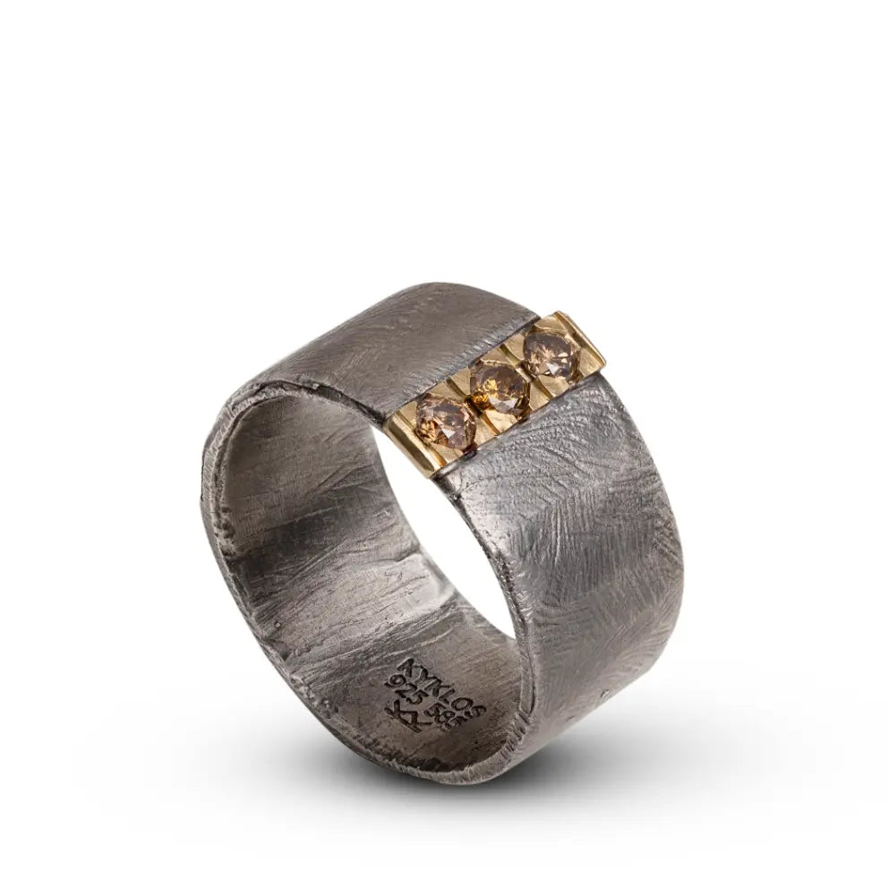 14K Gold and Silver 925 Band Ring Brown Diamonds