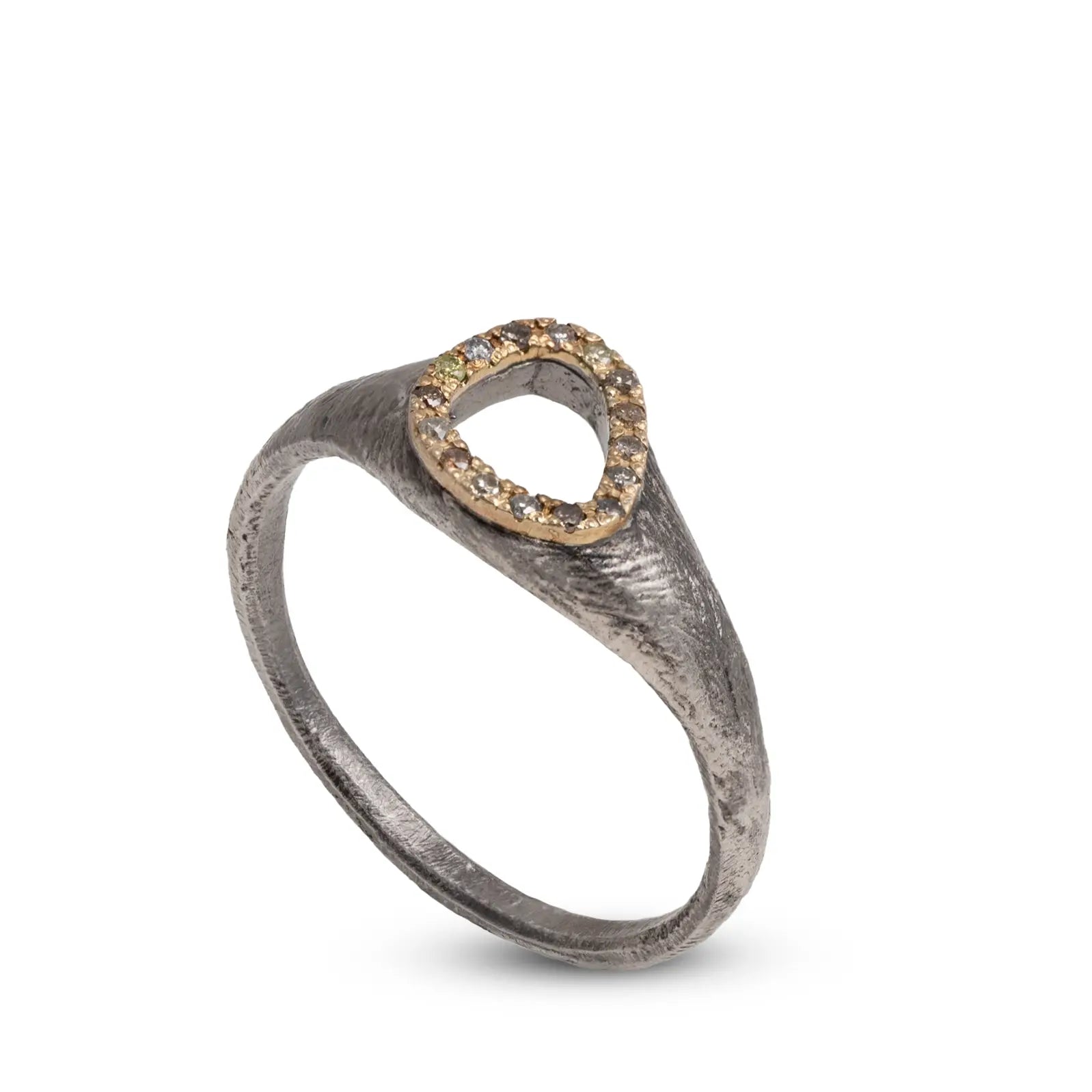 14K Gold & Silver Ring Brown Diamonds in brutalist style with oxidized sterling silver, 14K gold crown, and brown diamond accents.
