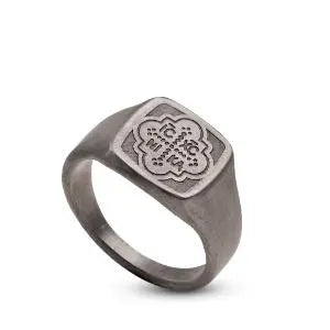 ICXC NIKA Signet Ring crafted from oxidized silver with a distinctive geometric design and Byzantine inscription.