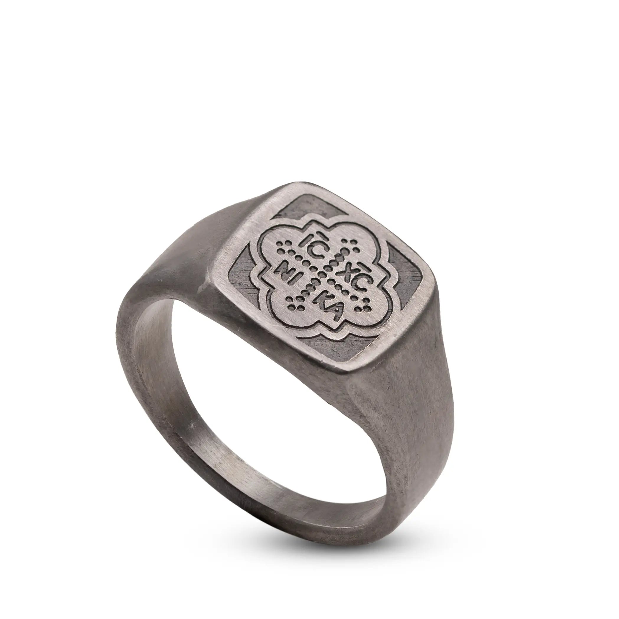 ICXC NIKA Signet Ring crafted from oxidized silver with a distinctive geometric design and Byzantine inscription.