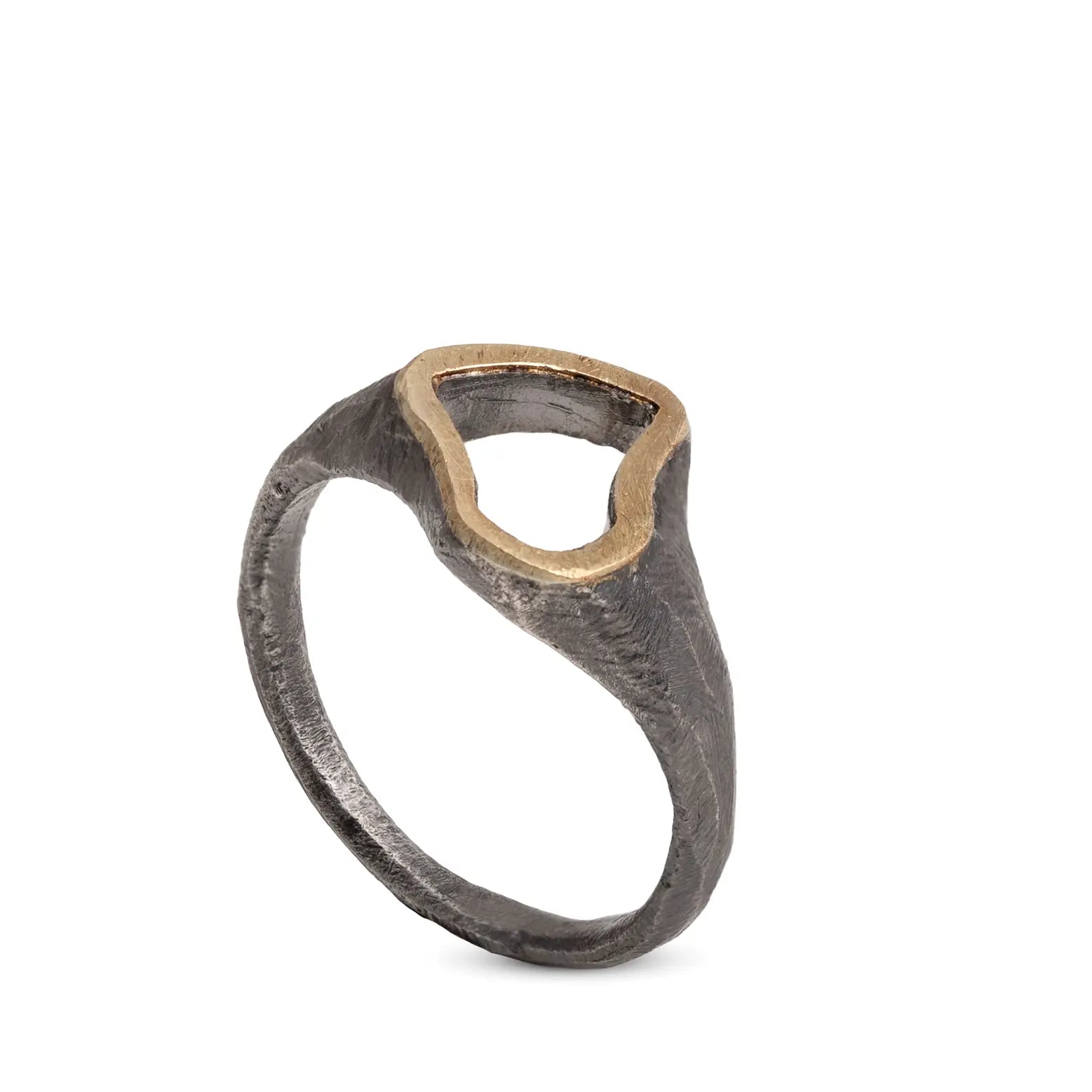 14K Gold & Silver Ring in brutalist style with oxidized sterling silver and 14K gold crown, showcasing bold character and handcrafted design.