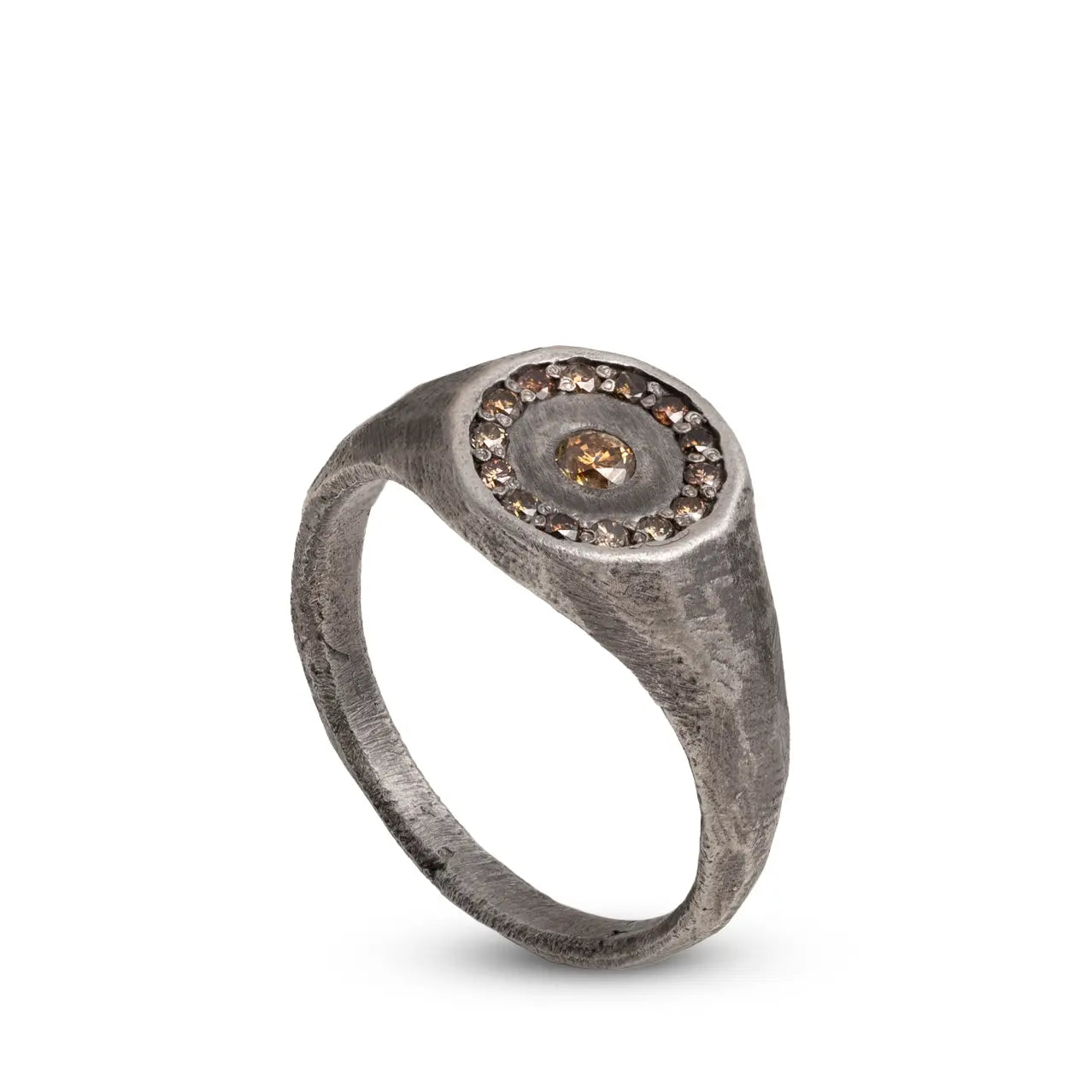 Oxidized Signet Ring Silver 925 Brown Diamond with natural brown diamonds in brutalist style, handcrafted with a textured finish.