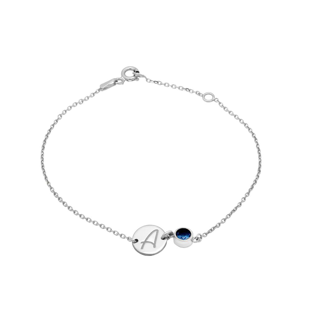 Disc Initial Birthstone Bracelet Sterling Silver