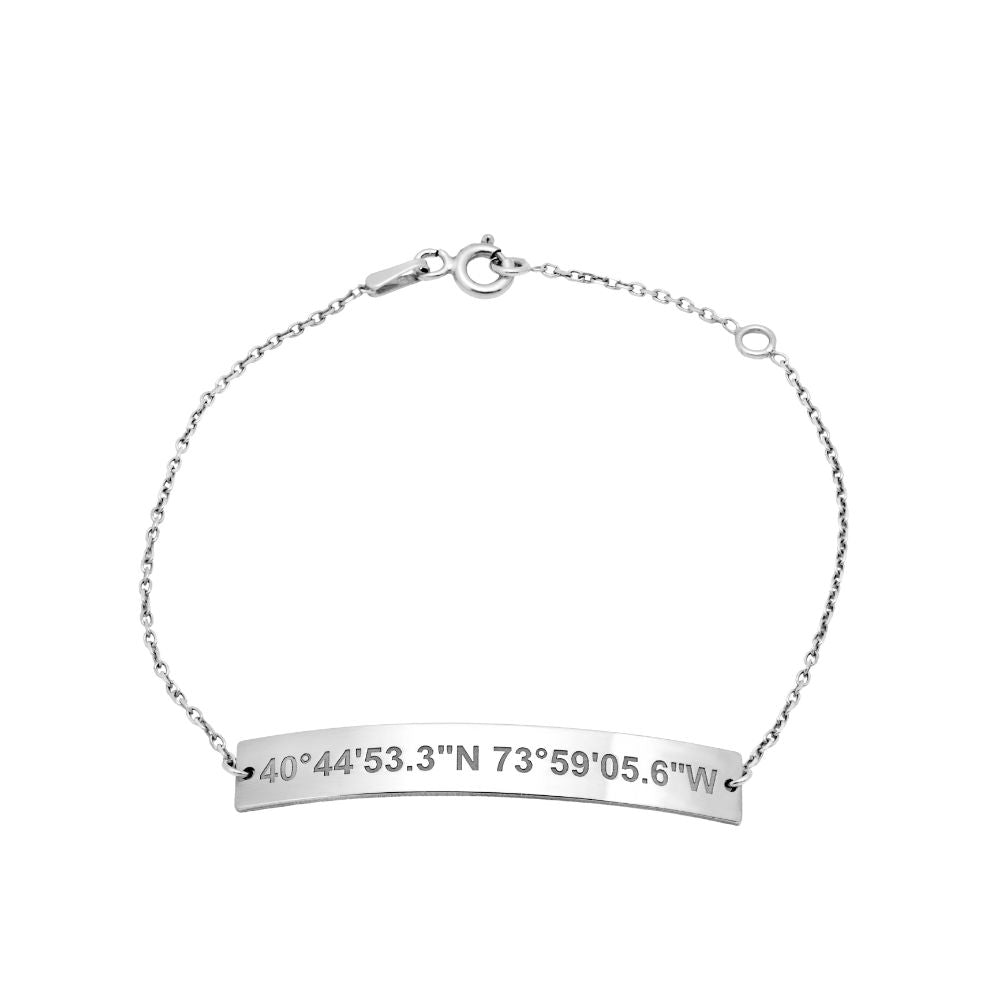 Personalized Bar Bracelet Coordinates Sterling Silver 925 with engraved latitude and longitude on dainty chain.