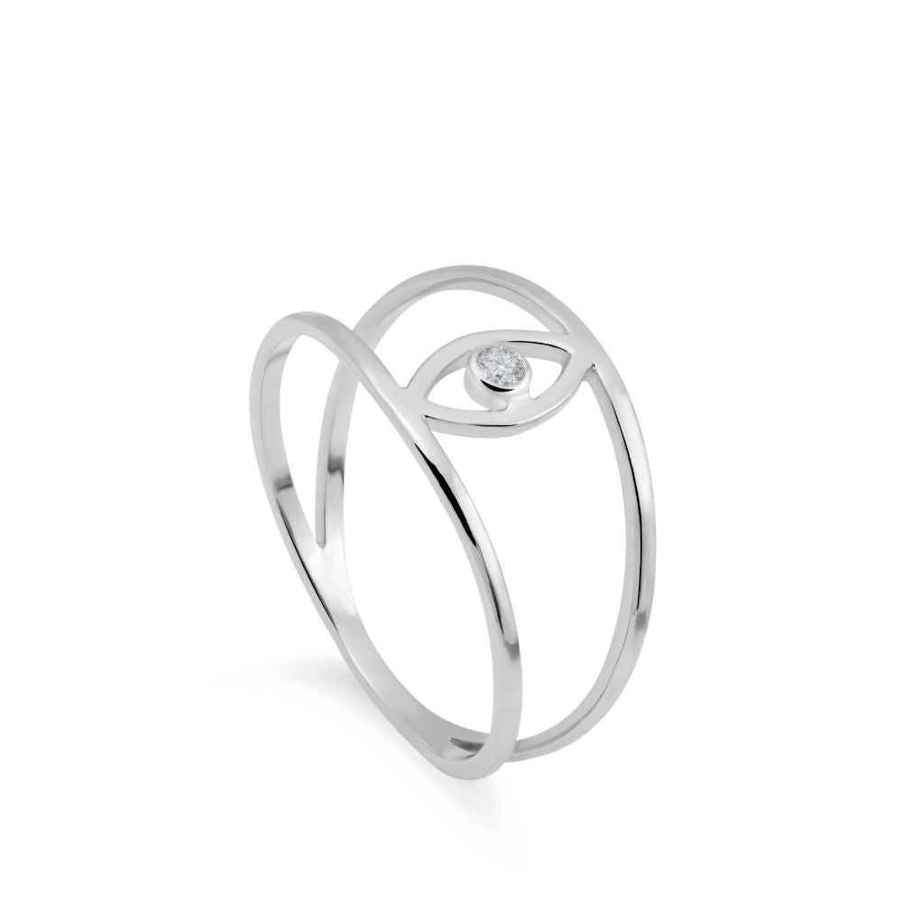 Evil Eye Diamond Ring 14K White Gold Double Band