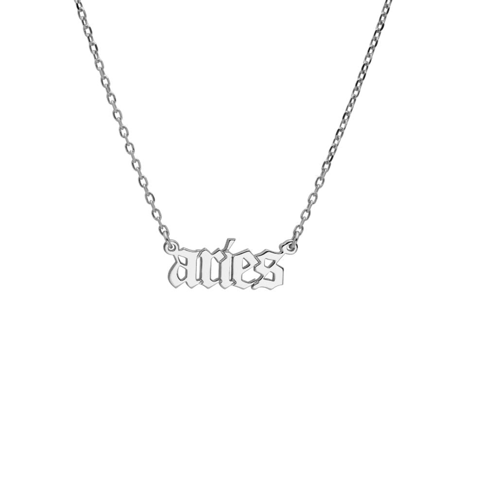 Old English Zodiac Silver Necklace with Aries inscription in sterling silver, perfect for a birthday gift, elegant jewelry piece.