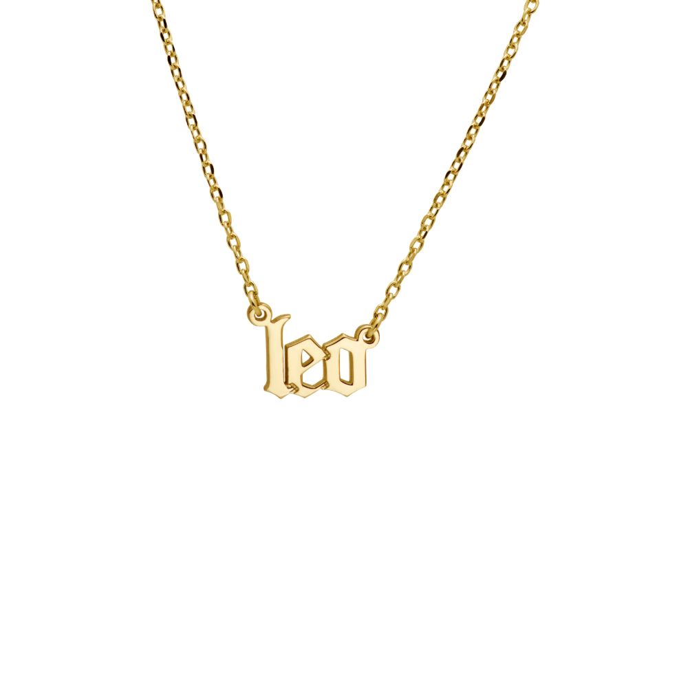 Gold plated Old English Zodiac Silver Necklace in Leo design, sterling silver chain for zodiac birthday gifts.