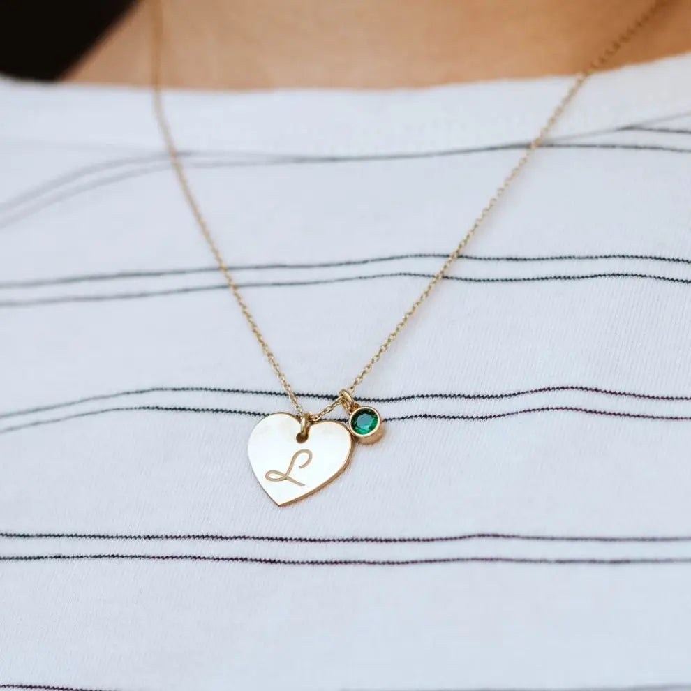 Birthstone Initial Heart Personalized Silver Necklace