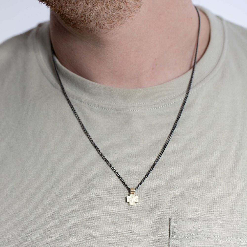 14K Gold Cross Pendant on Oxidized Silver Chain