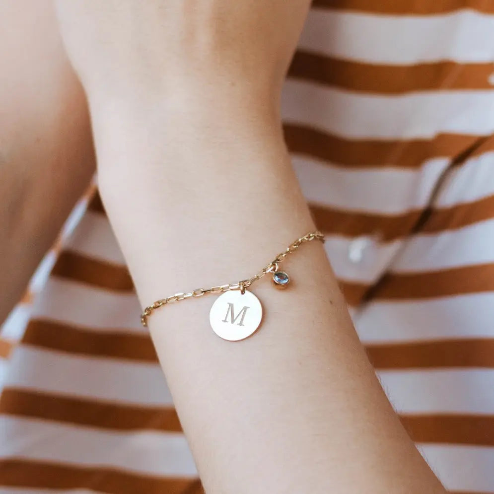 Birthstone Disc Initial Bracelet Silver 925